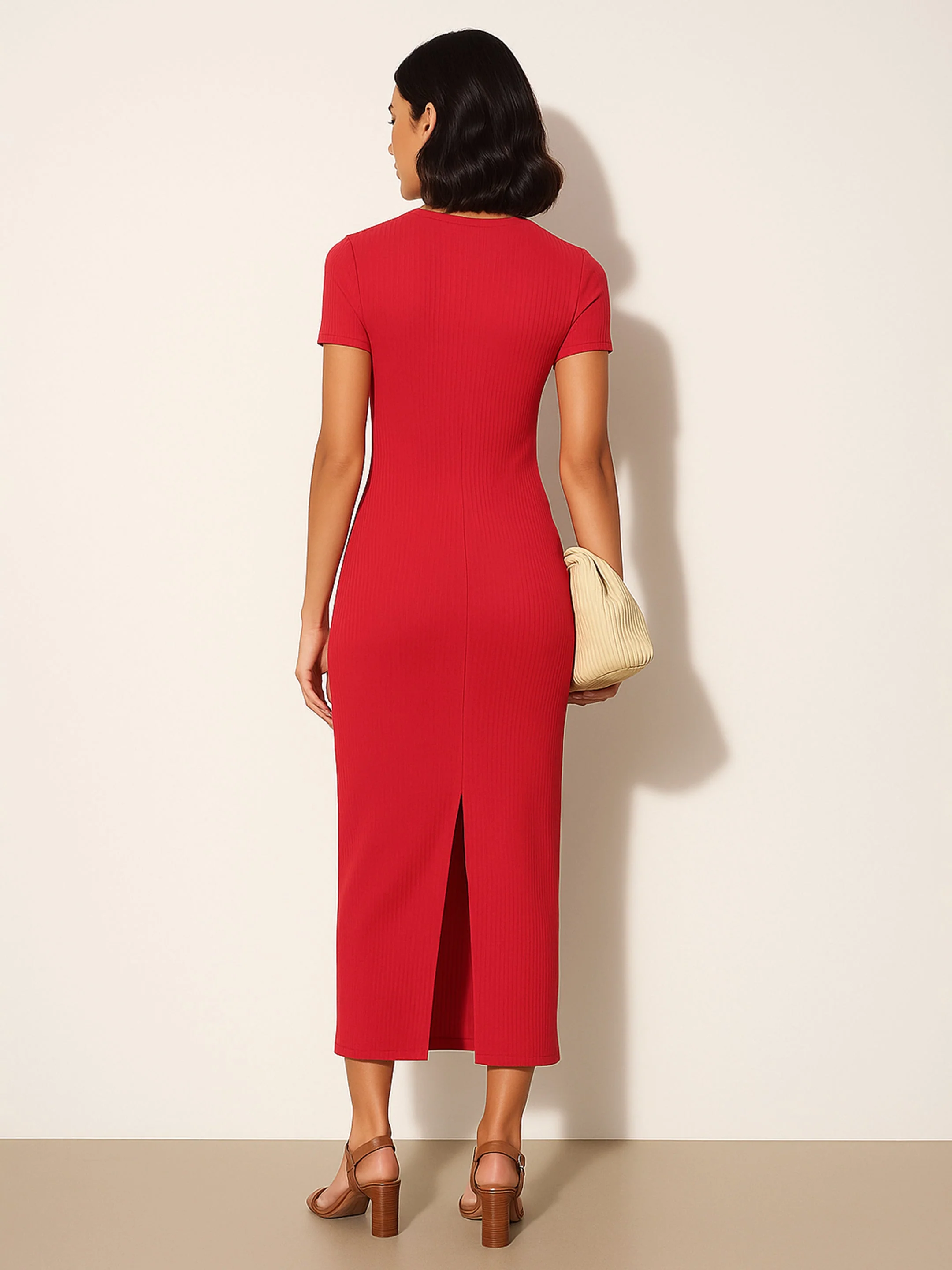 Women Red Rib Bodycon Back Slit Maxi Dress - Image 4