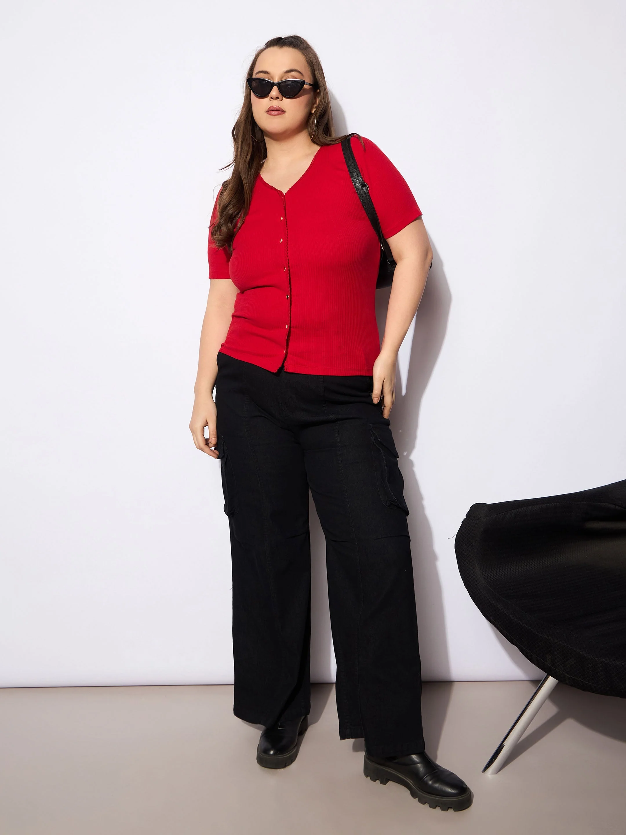 Women Red Rib Front Button Lace Detail Top - Image 2