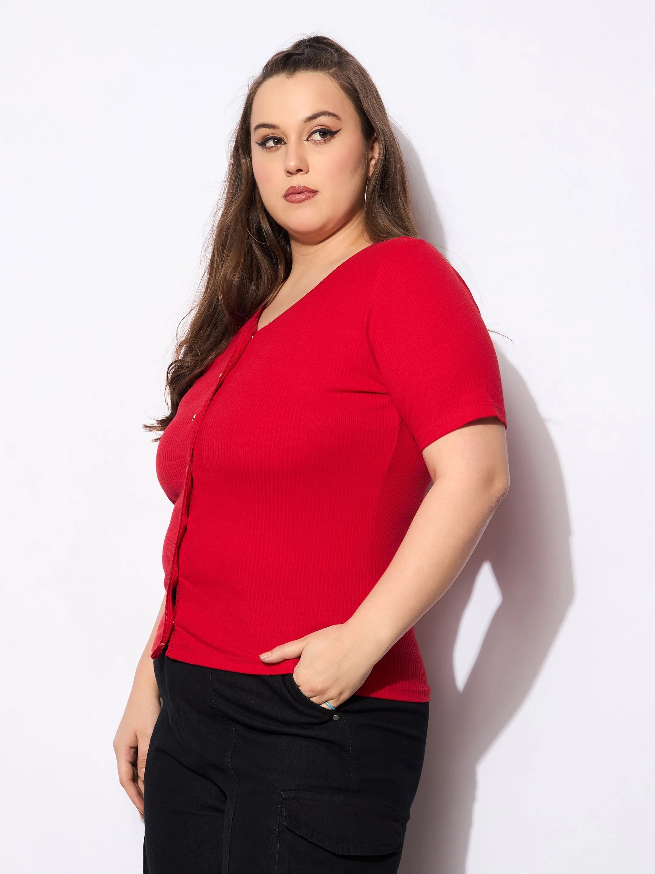 Women Red Rib Front Button Lace Detail Top - Image 3