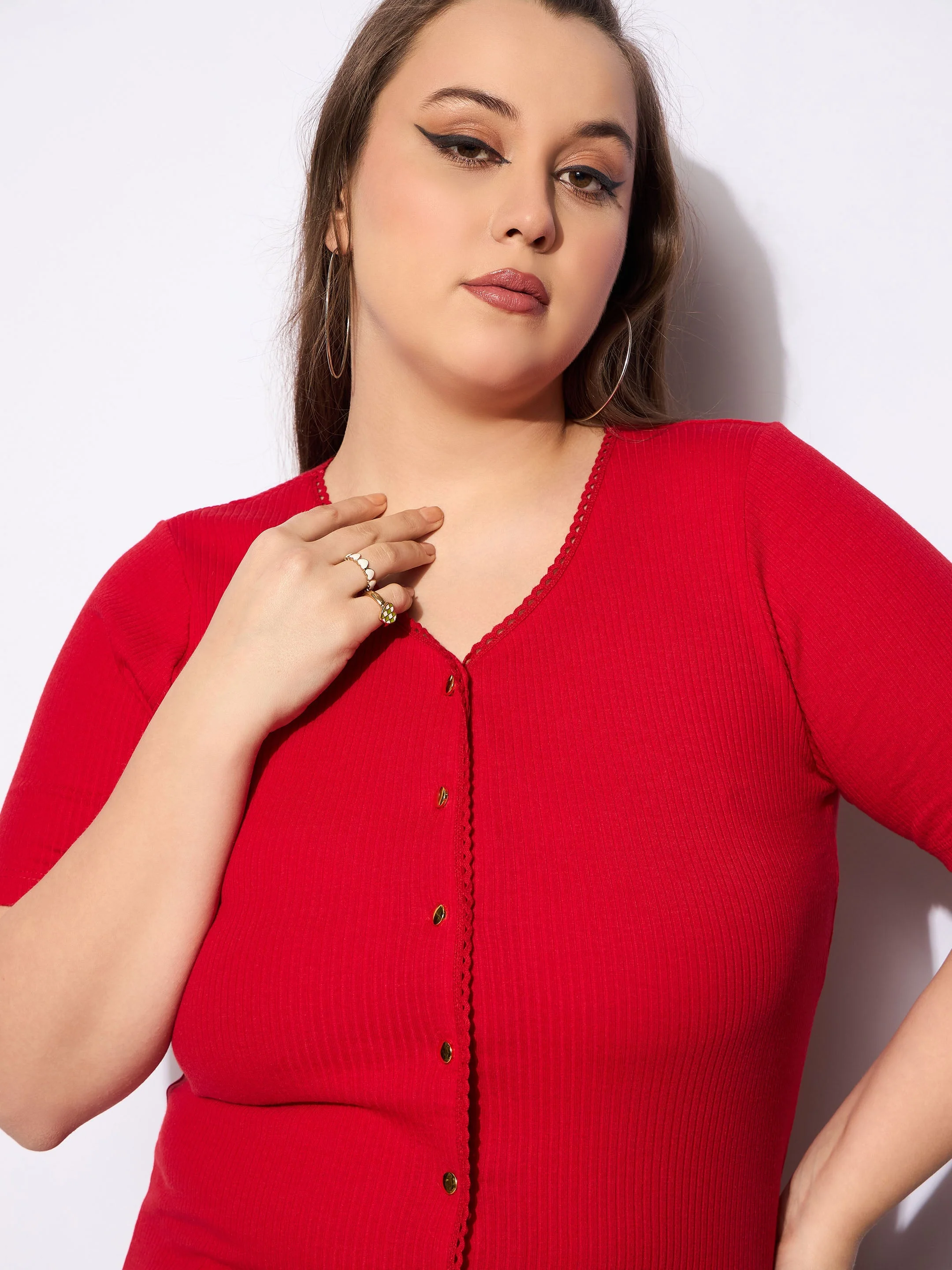 Women Red Rib Front Button Lace Detail Top - Image 4