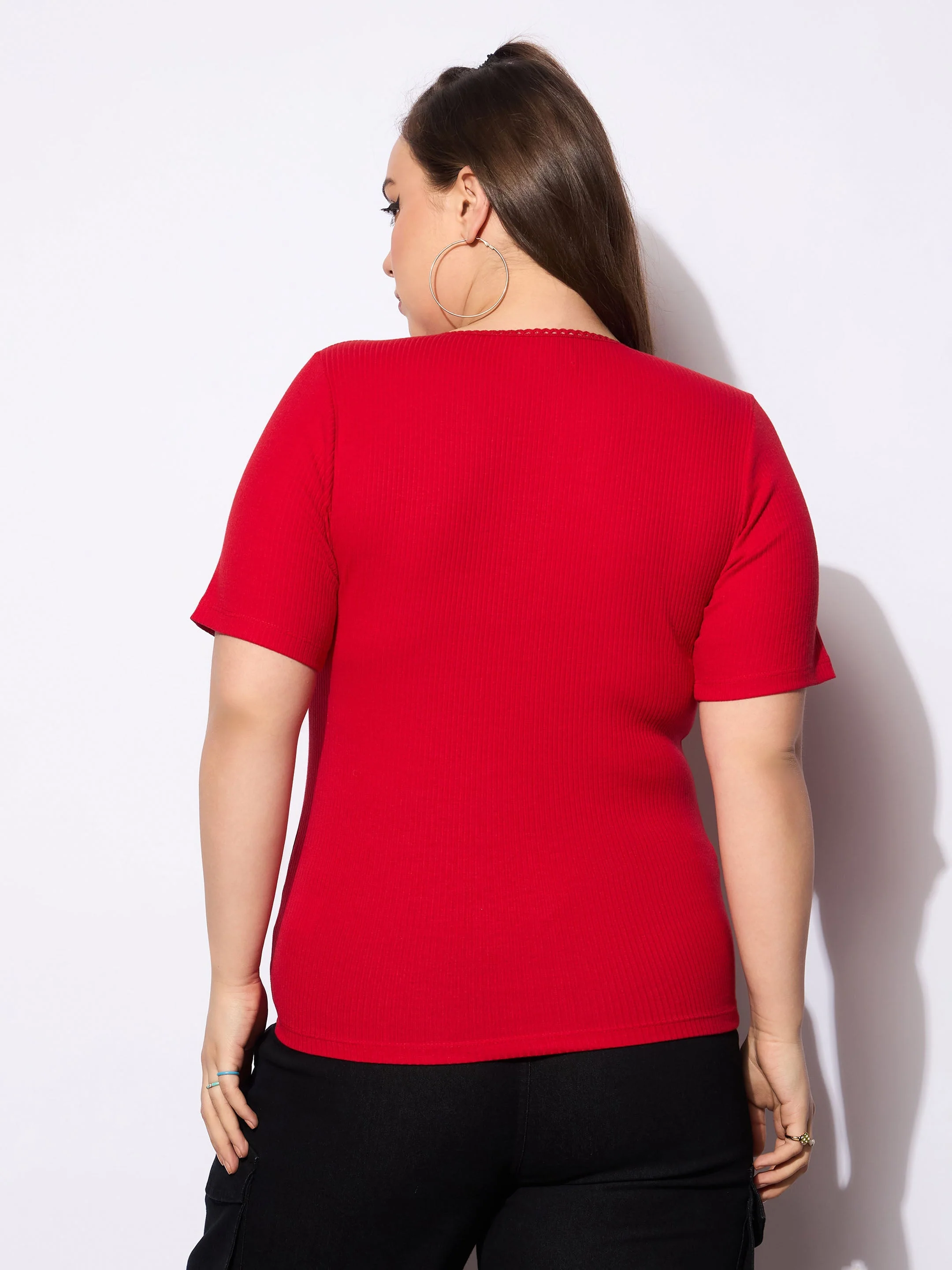 Women Red Rib Front Button Lace Detail Top - Image 5