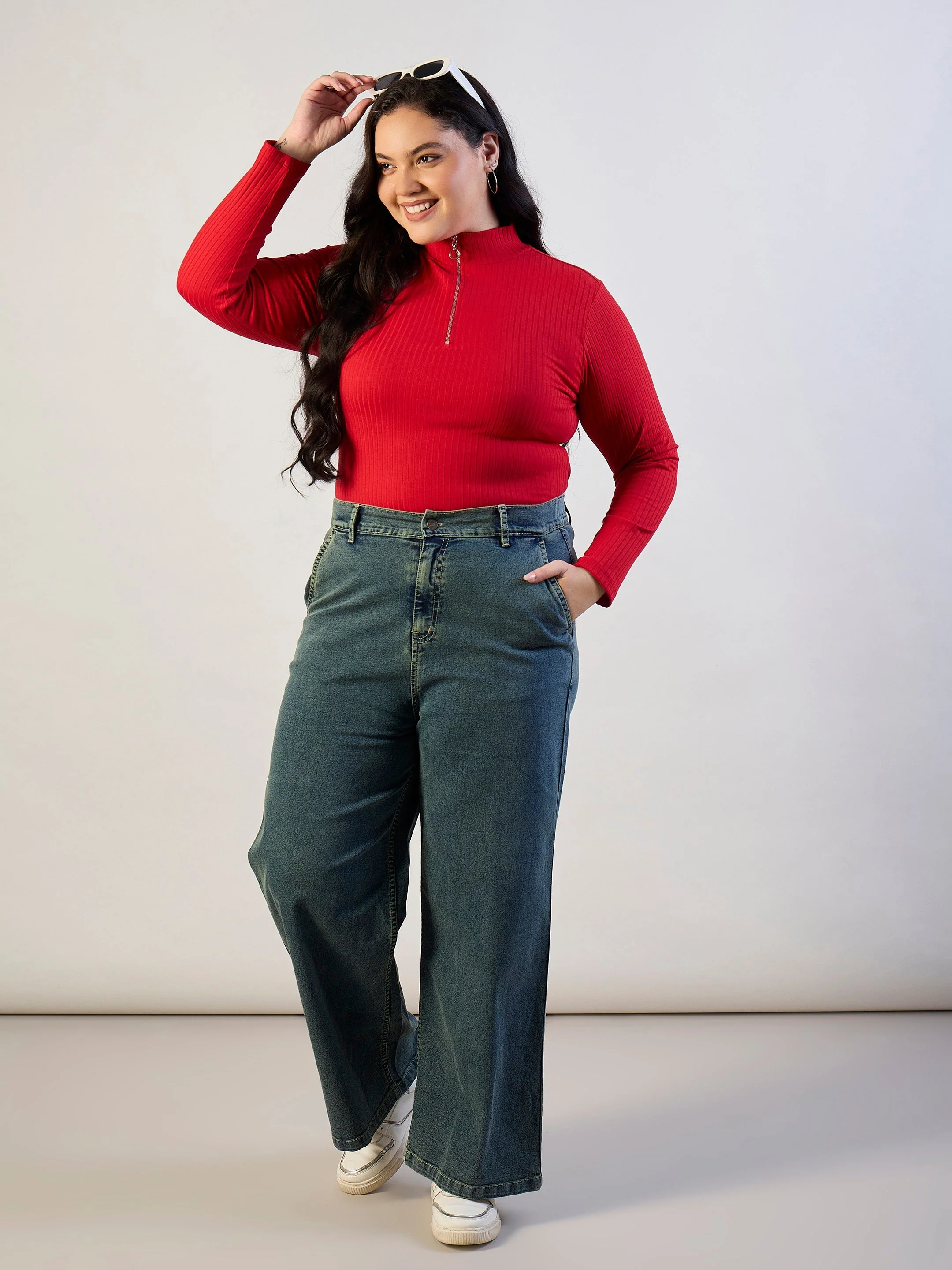Women Red Rib Front Zipper Top - Image 2