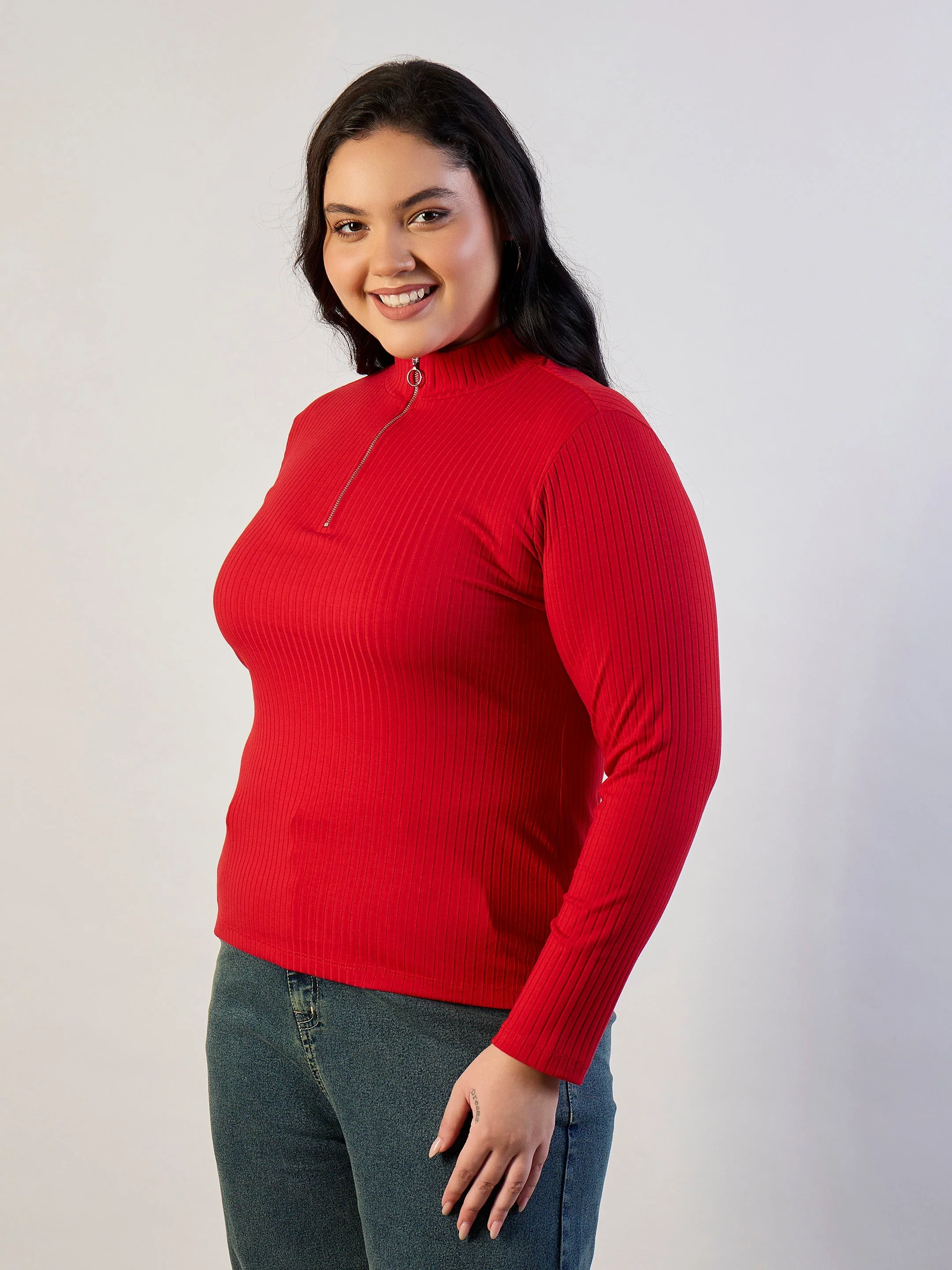 Women Red Rib Front Zipper Top - Image 3