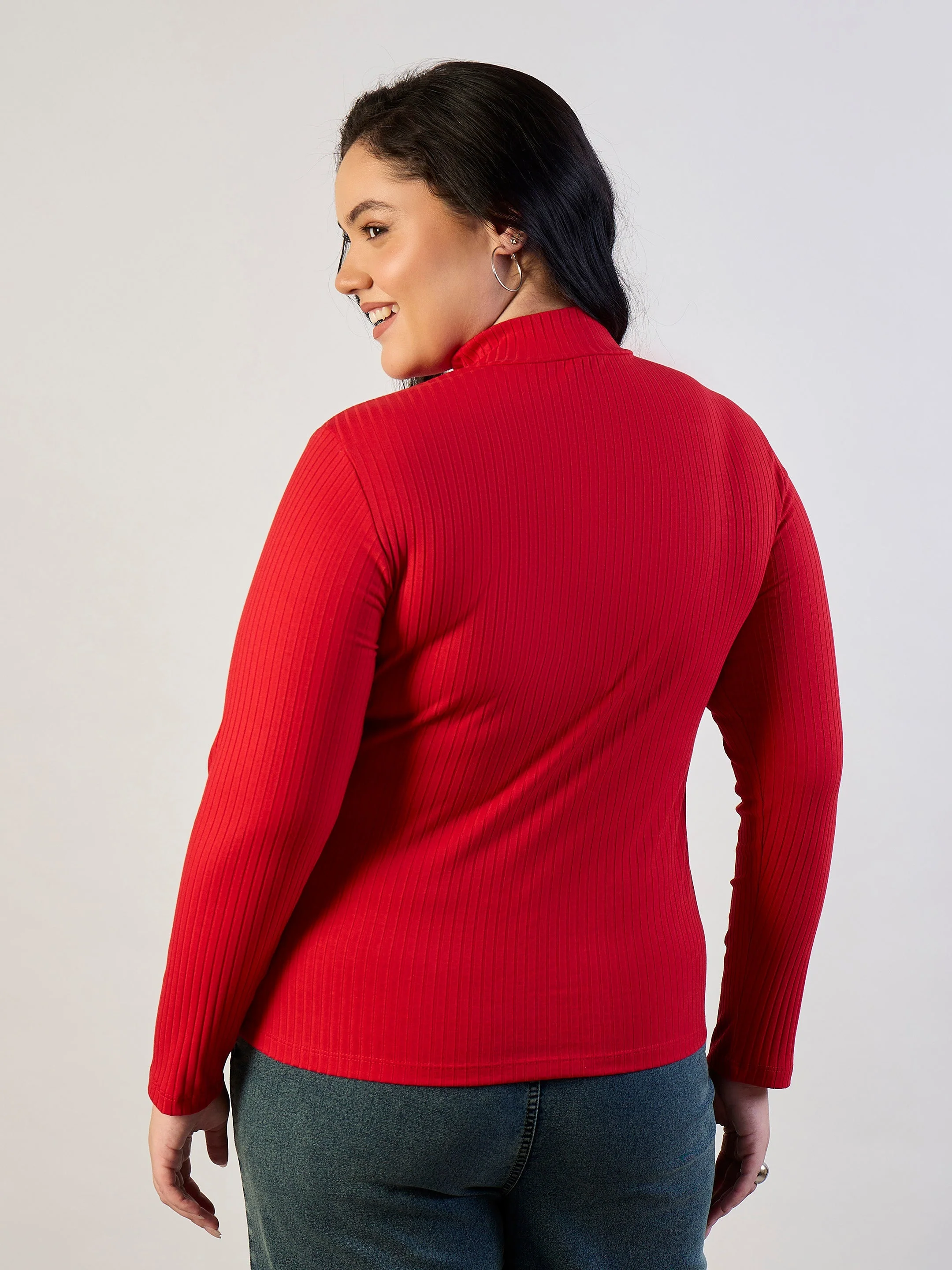 Women Red Rib Front Zipper Top - Image 5
