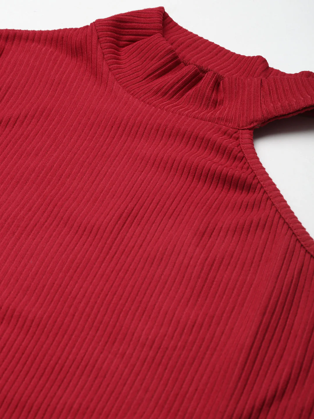 Women Red Rib One Shoulder Collar Crop Top - Image 2