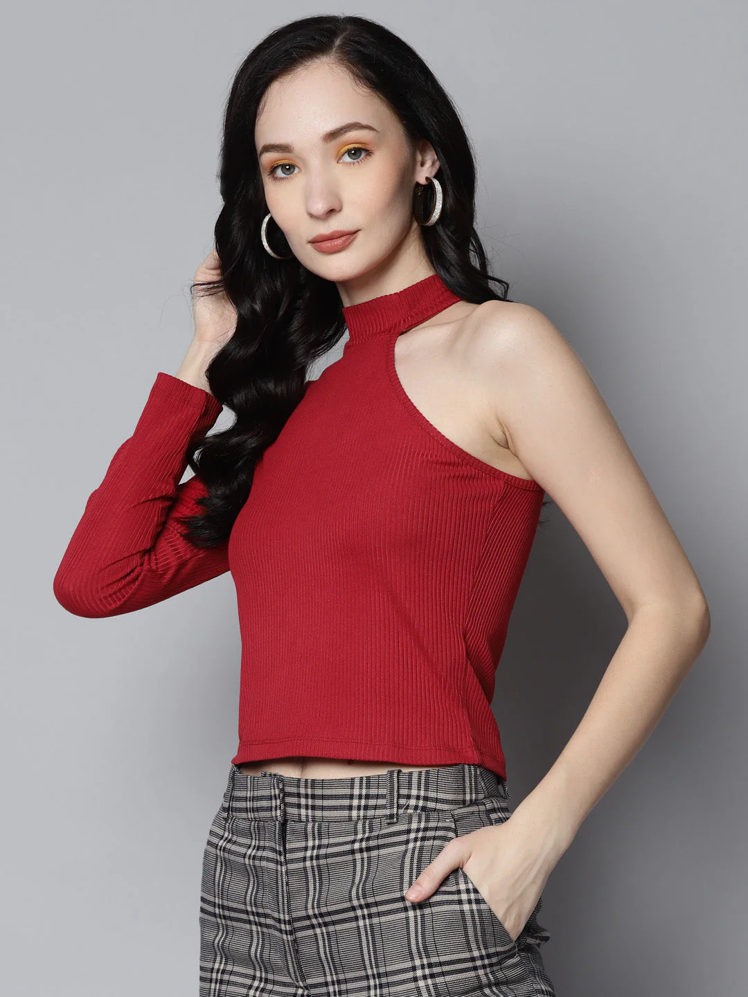Women Red Rib One Shoulder Collar Crop Top - Image 3