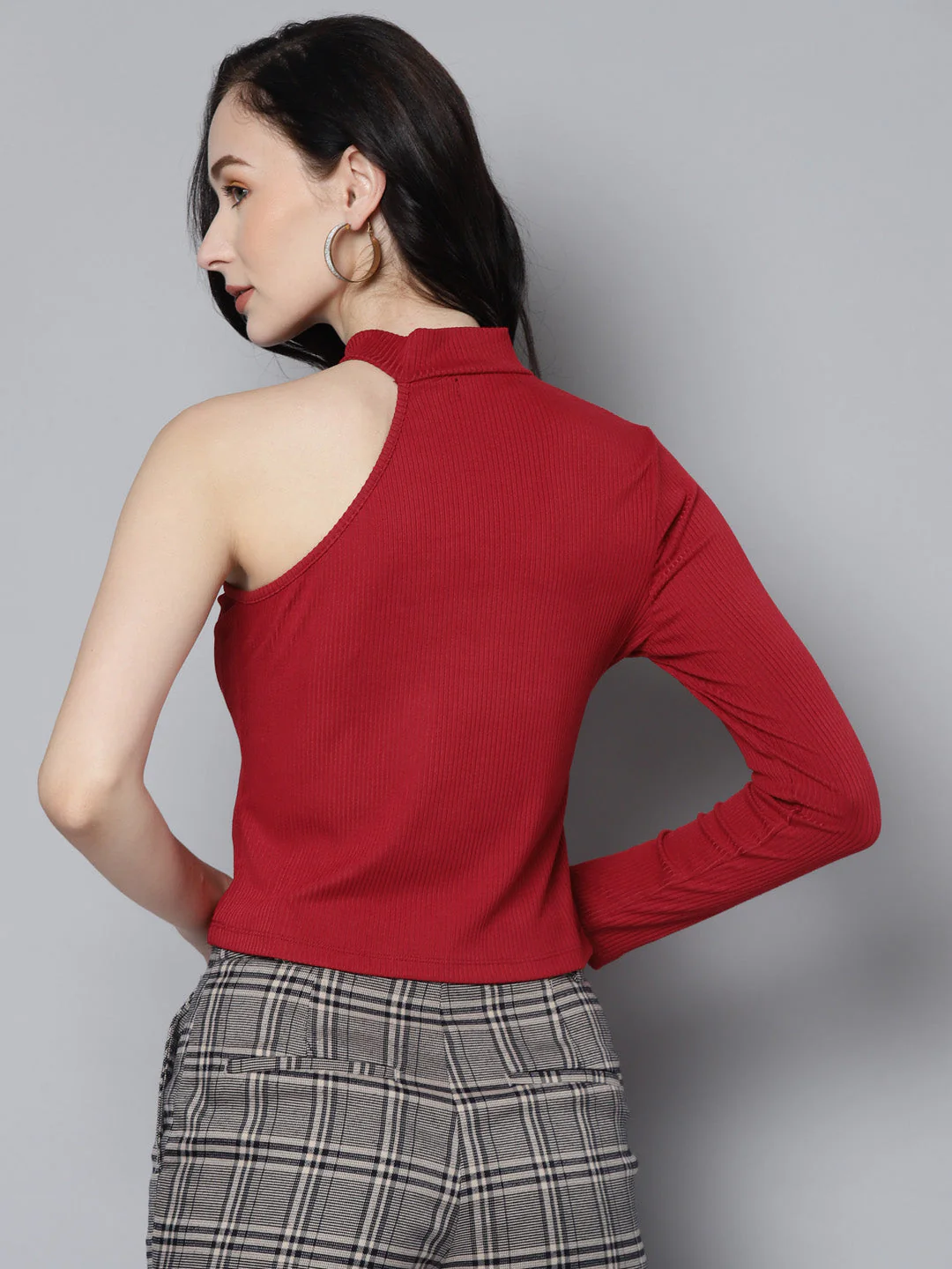 Women Red Rib One Shoulder Collar Crop Top - Image 4