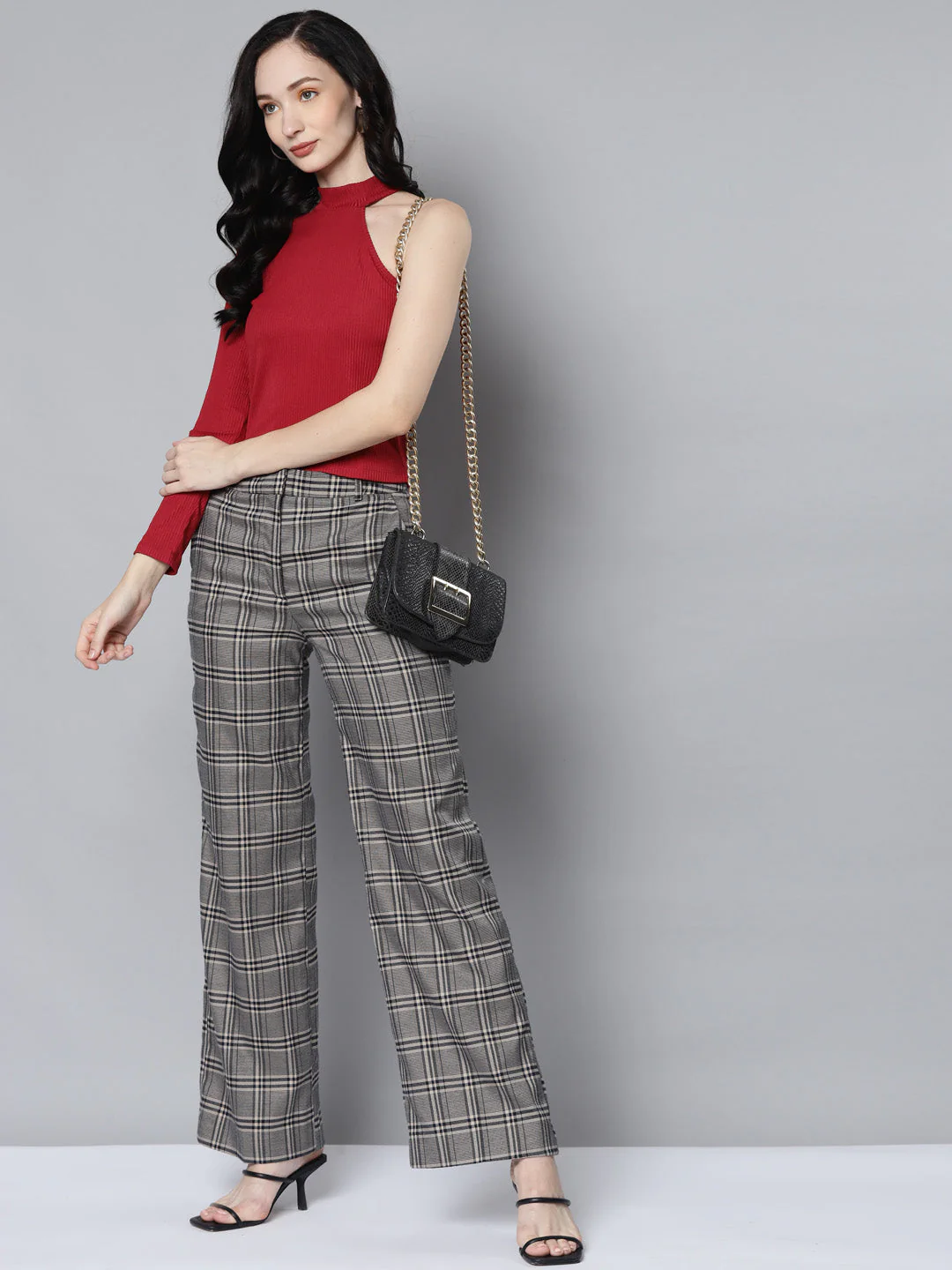Women Red Rib One Shoulder Collar Crop Top - Image 5
