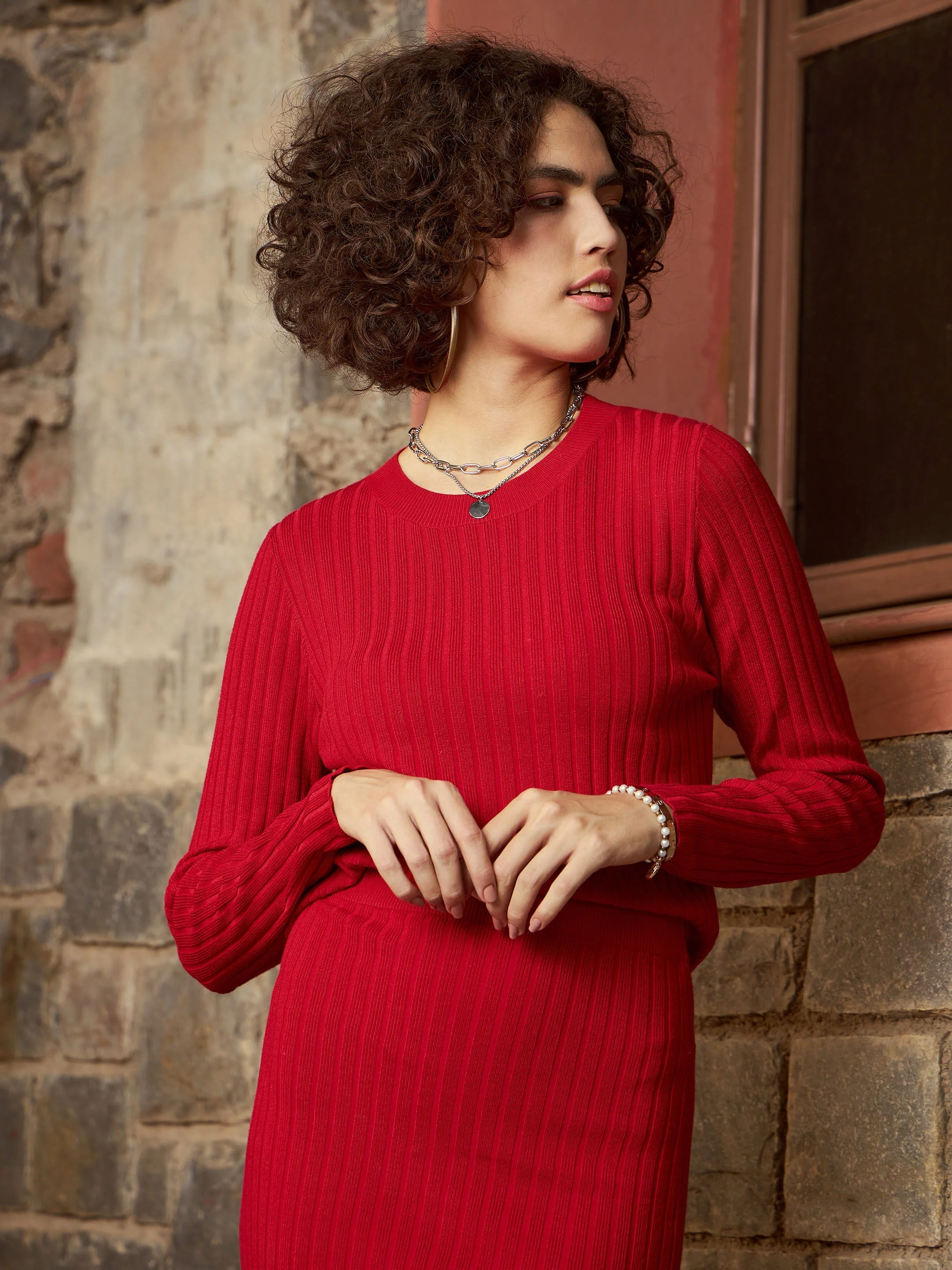 Women Red Rib Sweater With Pencil Skirt - Image 4