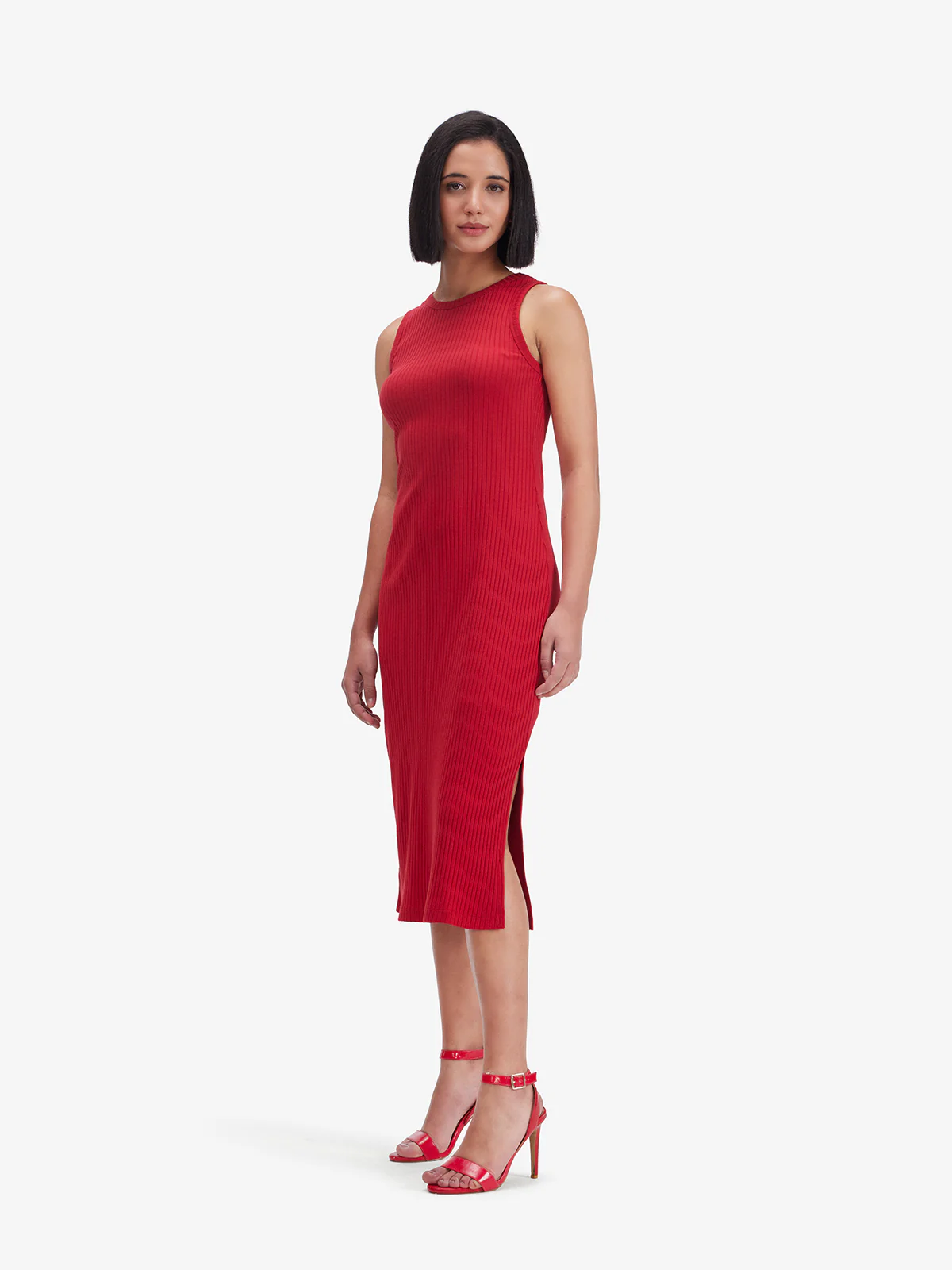Women Red Ribbed Side Slit Midi Dress - Image 2