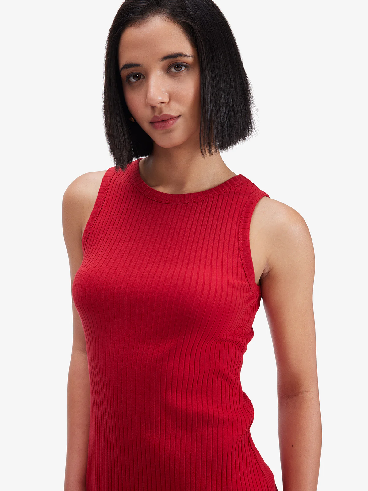 Women Red Ribbed Side Slit Midi Dress - Image 3