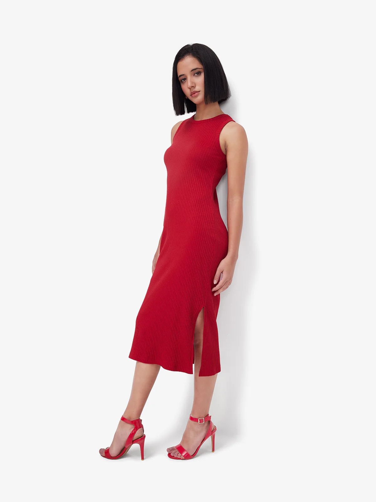 Women Red Ribbed Side Slit Midi Dress - Image 4