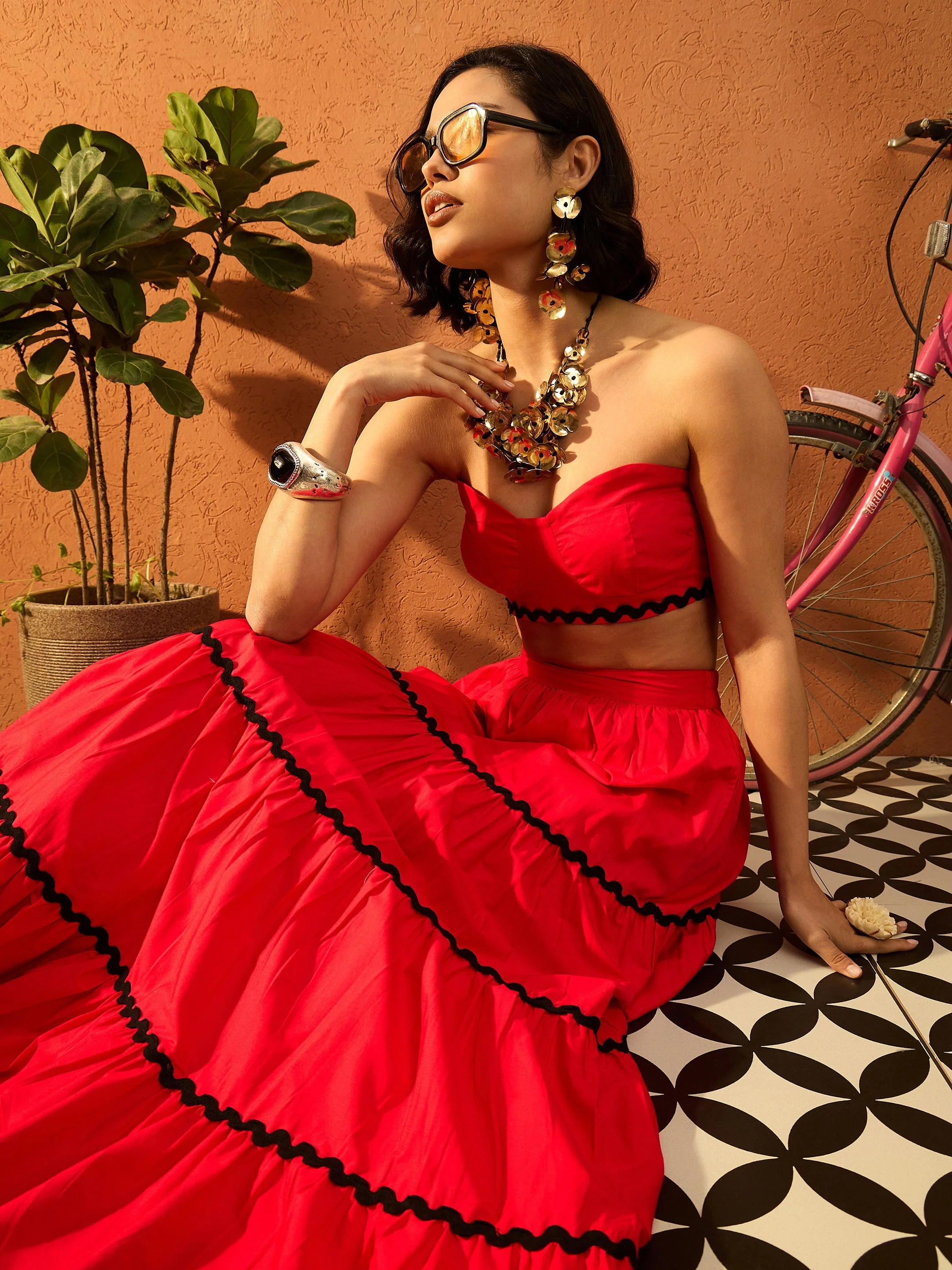 Women Red Ric Rac Lace Bustier Top With Tiered Skirt - Image 2