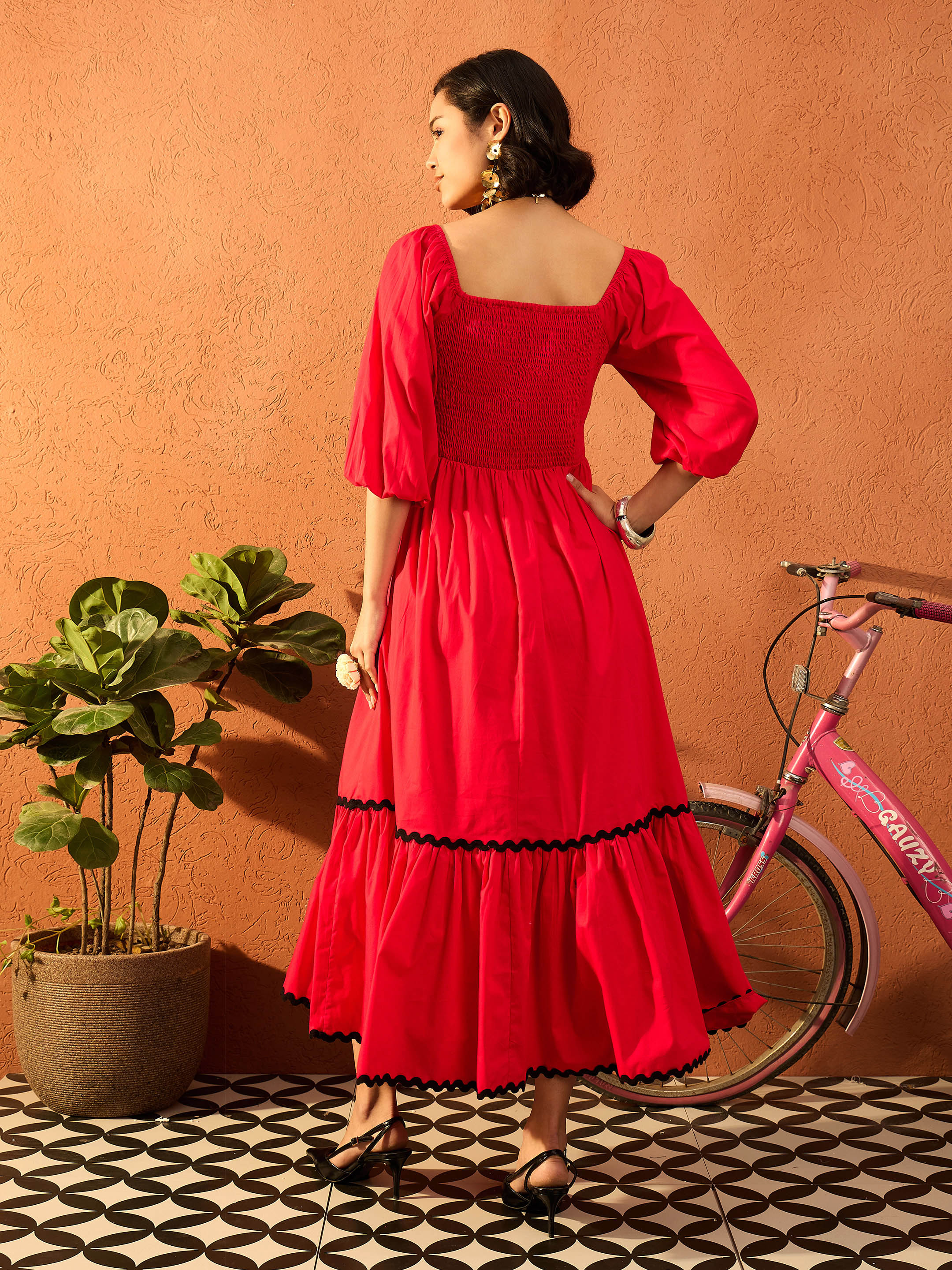 Women Red Ric Rac Lace Square Neck Maxi Dress - Image 2