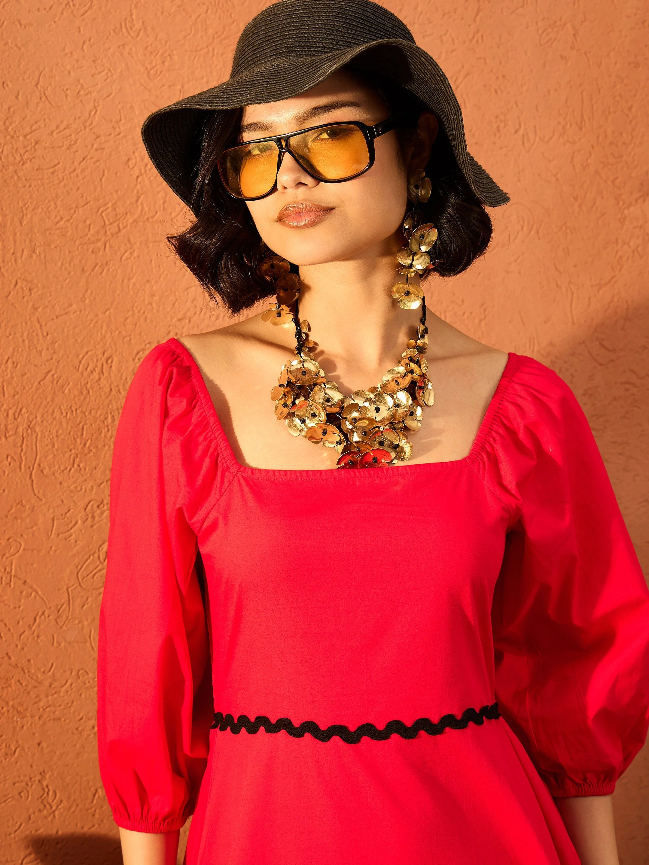 Women Red Ric Rac Lace Square Neck Maxi Dress - Image 3