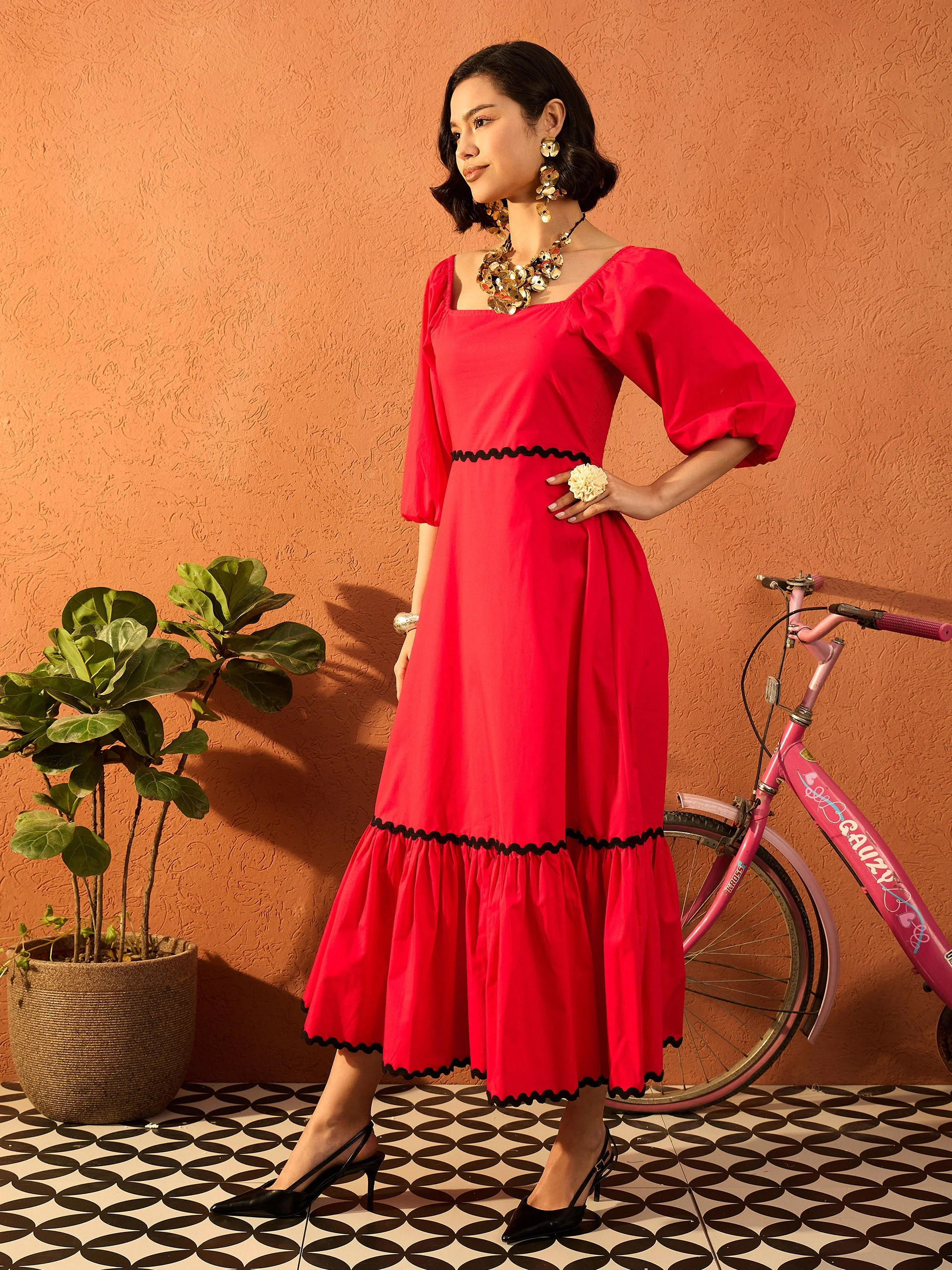 Women Red Ric Rac Lace Square Neck Maxi Dress - Image 5