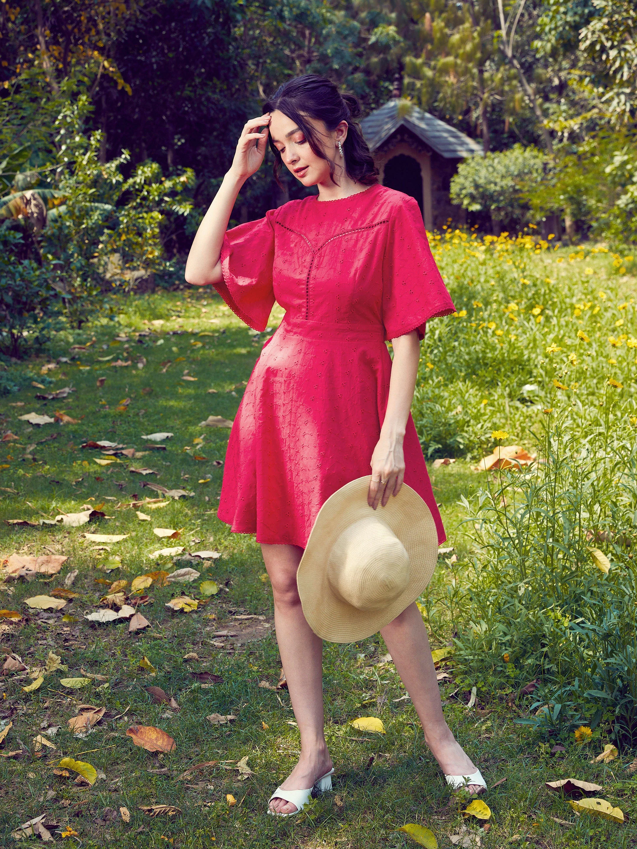 Women Red Schiffli Flared Sleeves Short Dress - Image 2