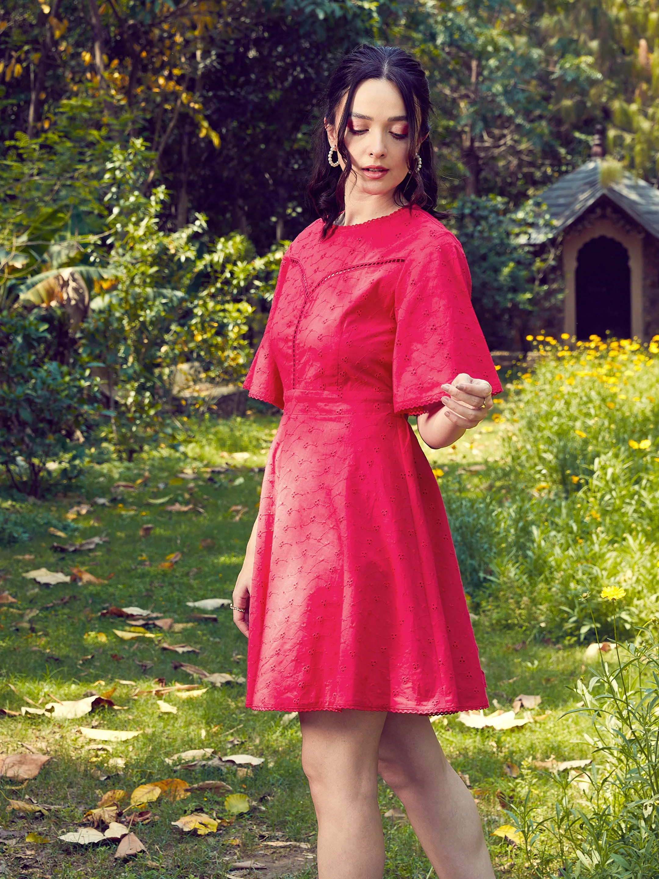 Women Red Schiffli Flared Sleeves Short Dress - Image 3