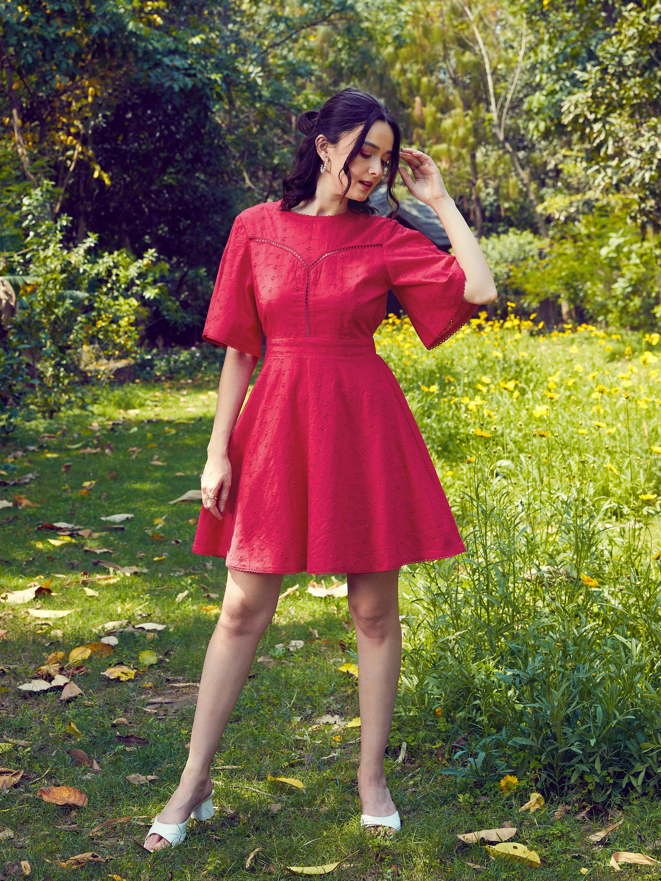 Women Red Schiffli Flared Sleeves Short Dress - Image 4