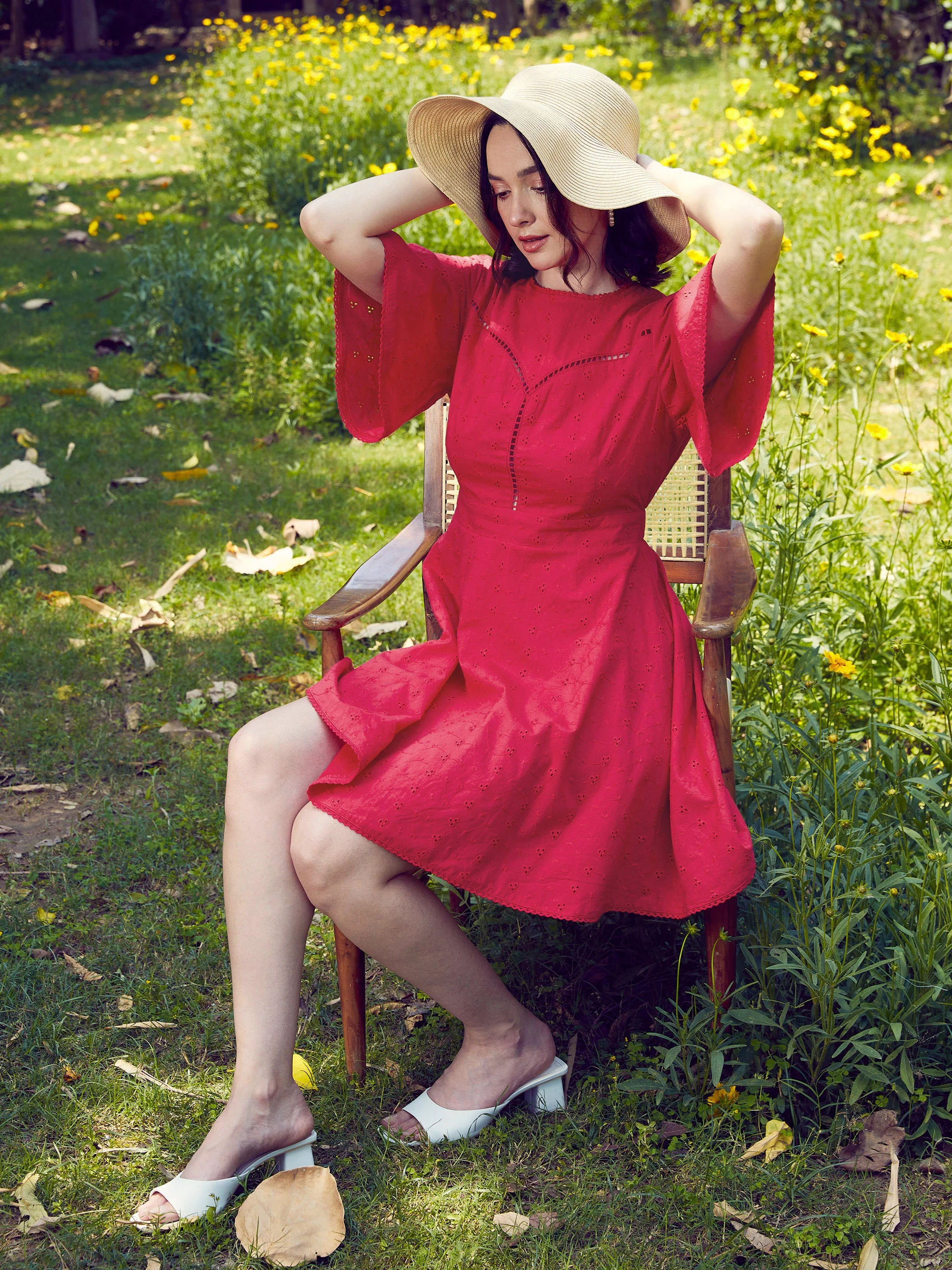 Women Red Schiffli Flared Sleeves Short Dress - Image 5