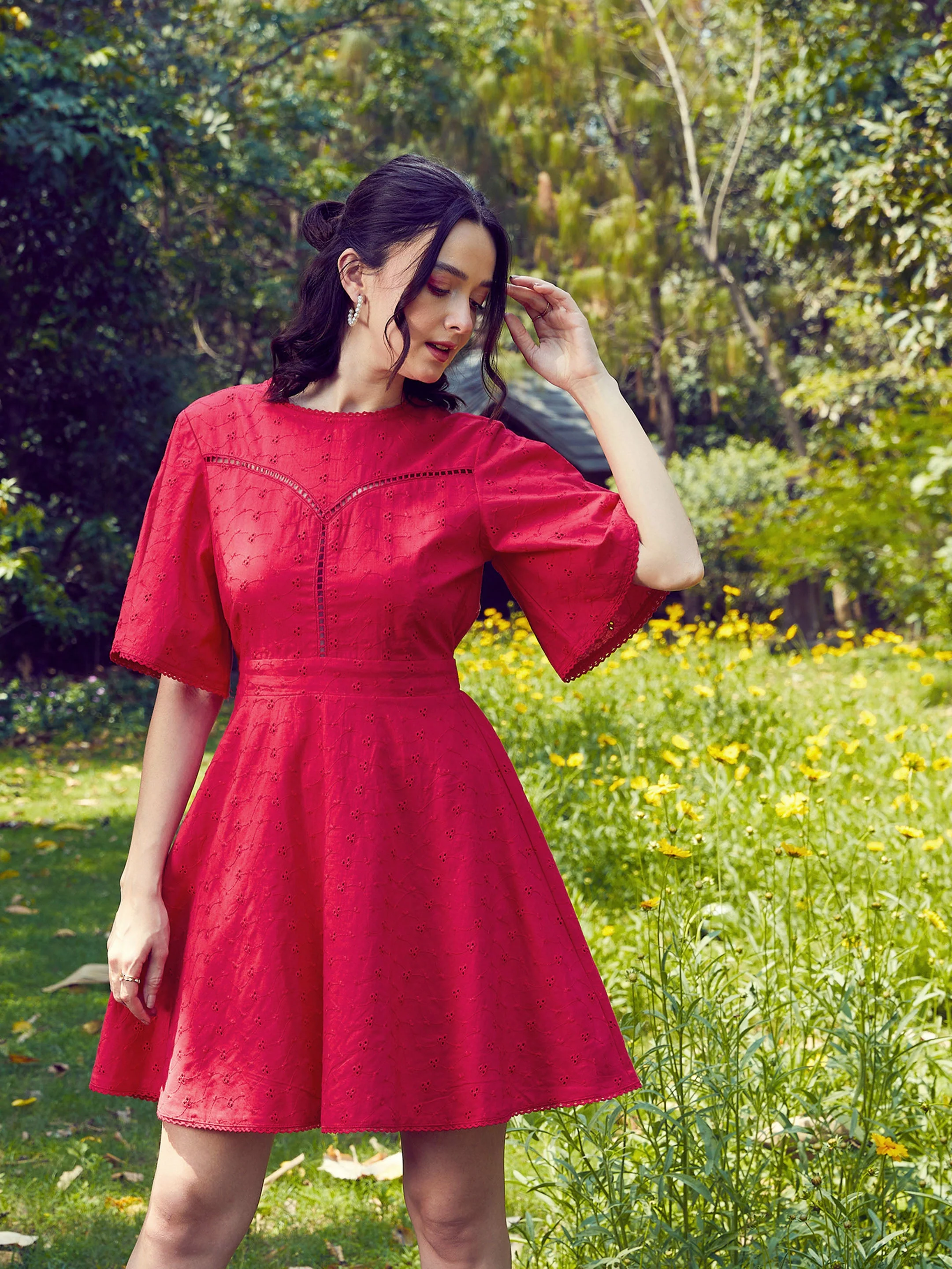 Women Red Schiffli Flared Sleeves Short Dress - Image 6