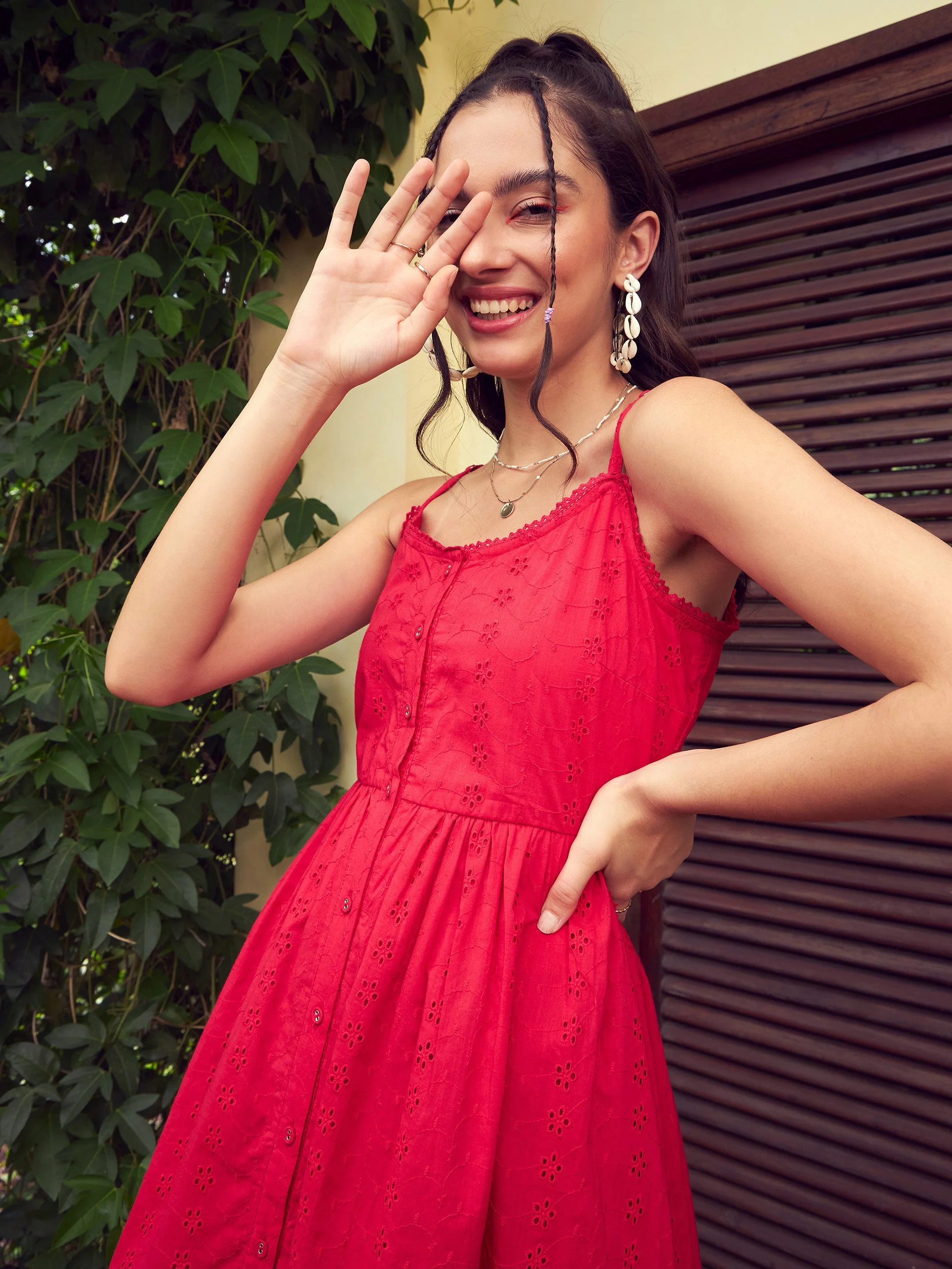 Women Red Schiffli Strappy Midi Dress - Image 4