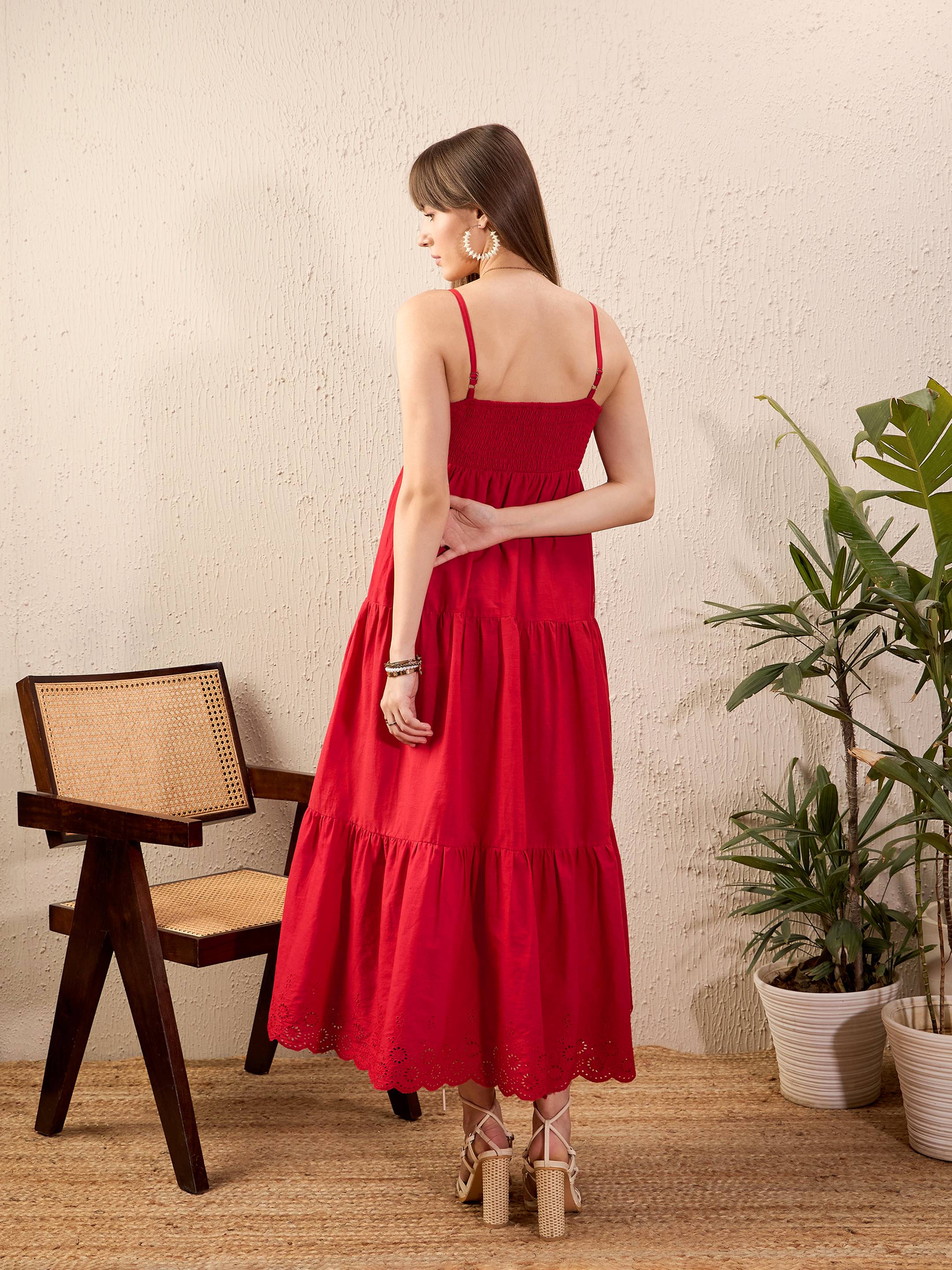 Women Red Schiffli Strappy Tiered Maxi Dress - Image 2