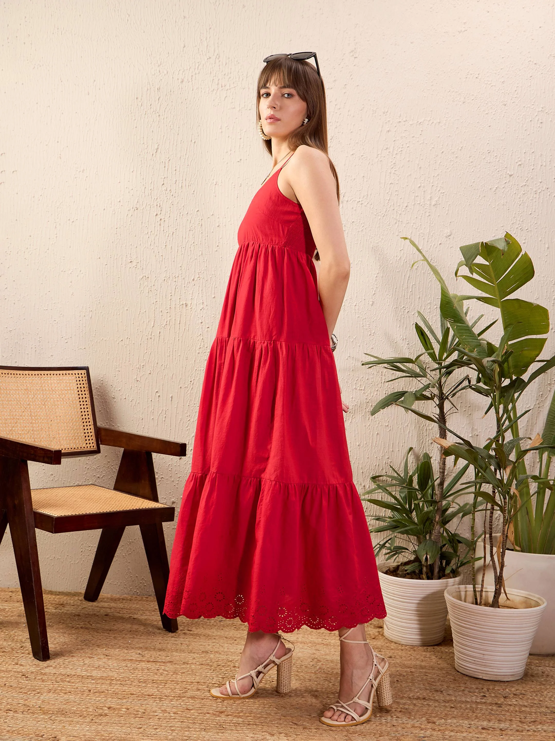 Women Red Schiffli Strappy Tiered Maxi Dress - Image 3