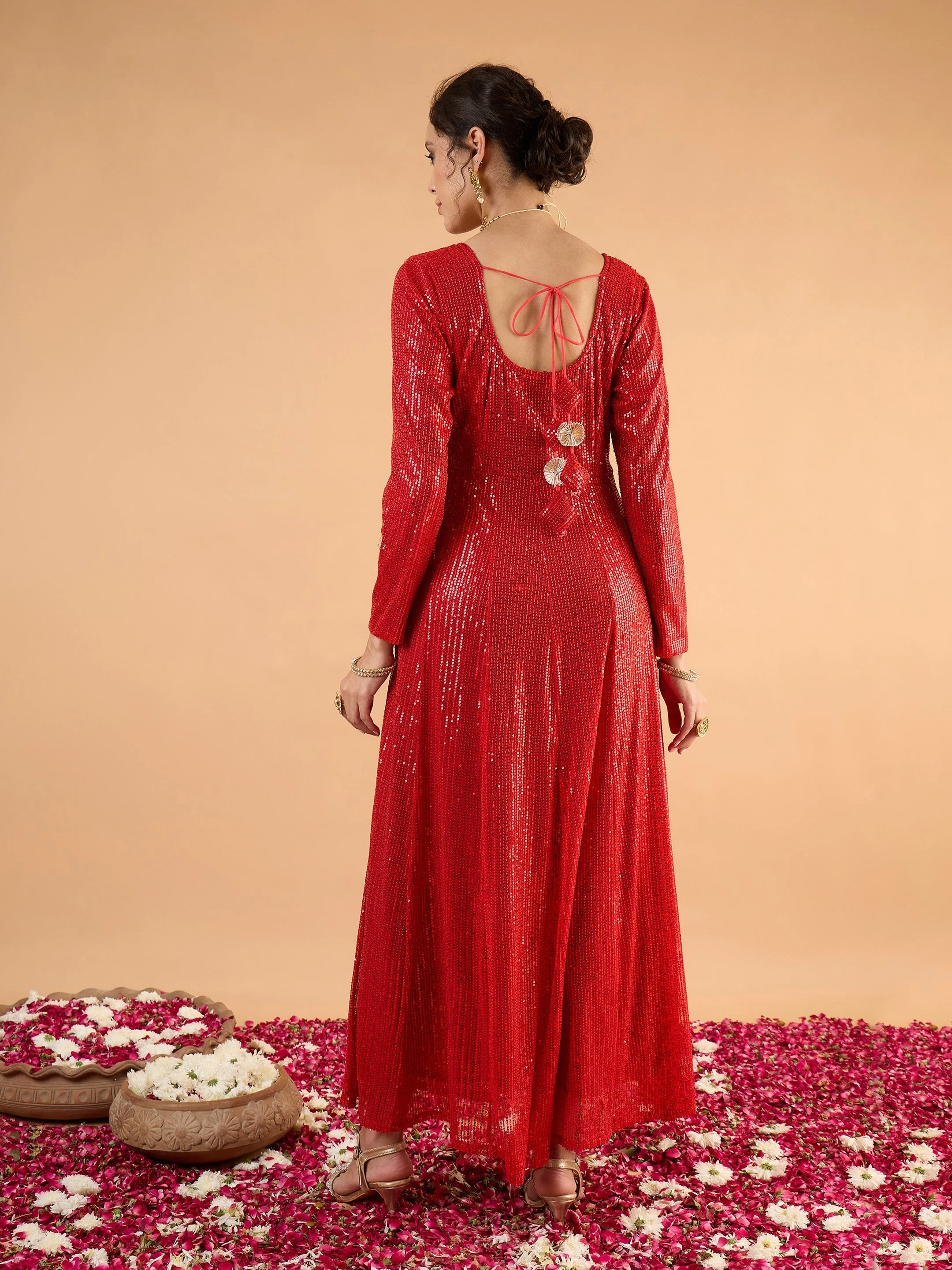 Women Red Sequence Anarkali Dress - Image 2