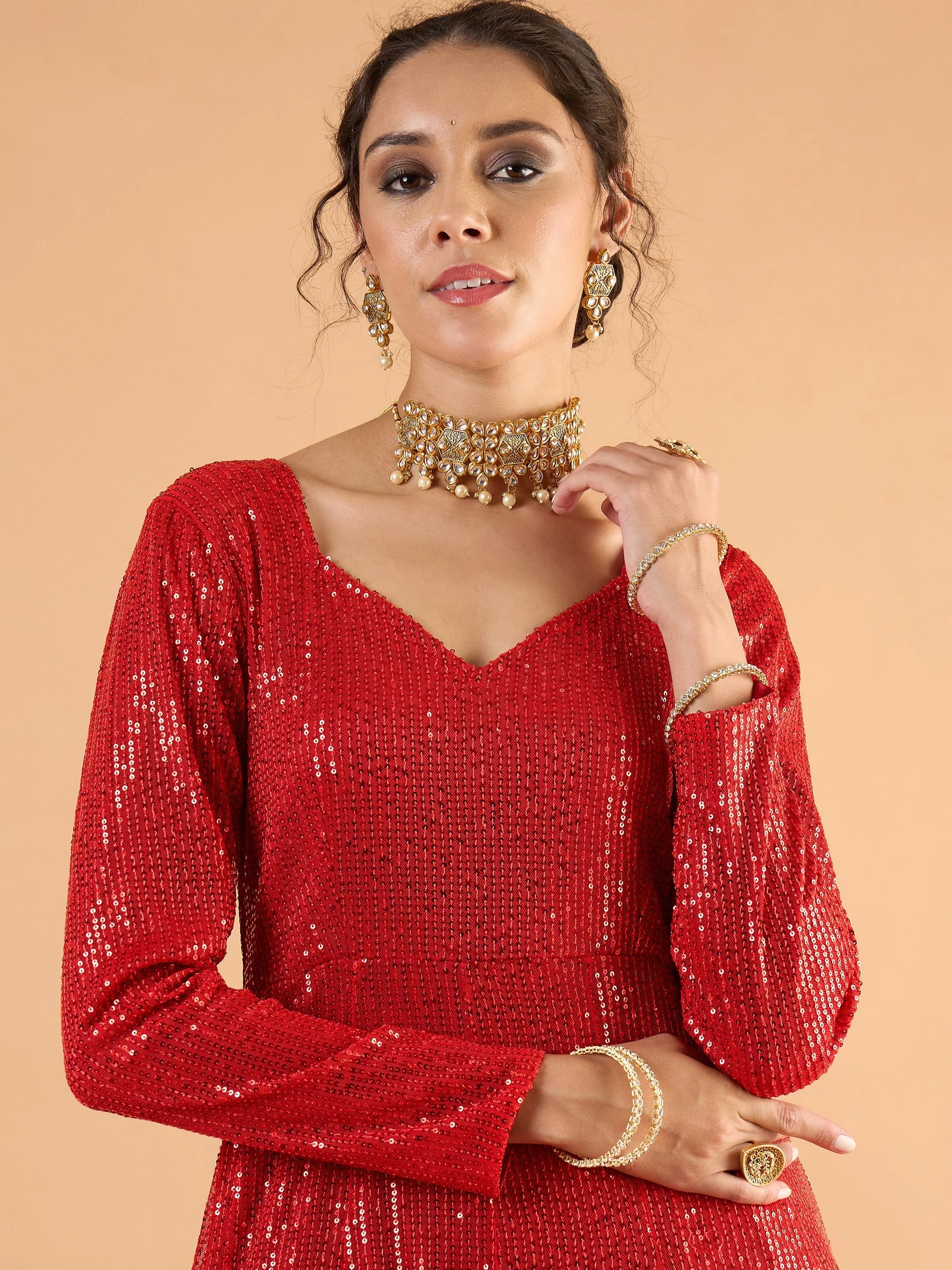 Women Red Sequence Anarkali Dress - Image 3