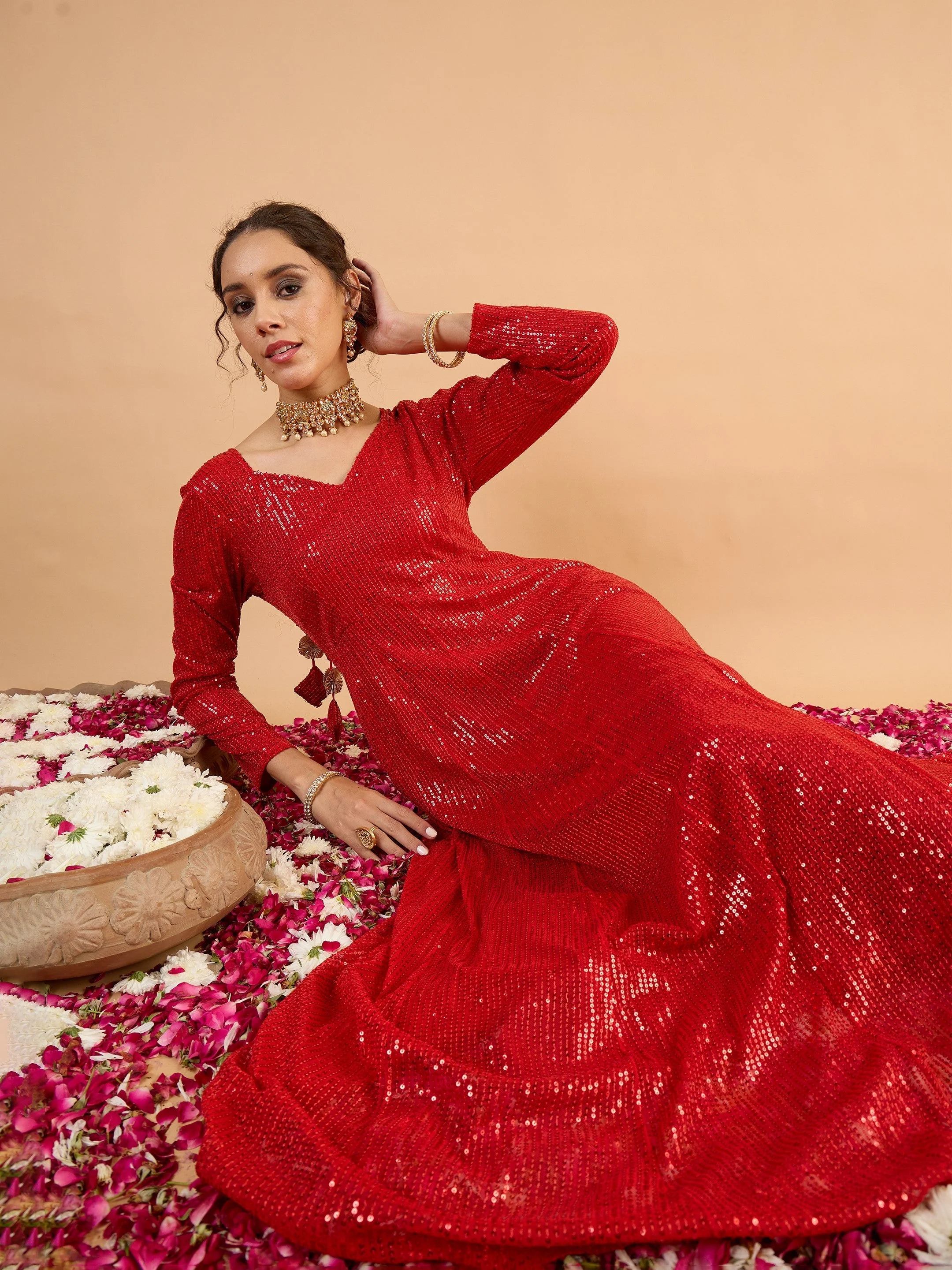 Women Red Sequence Anarkali Dress - Image 4