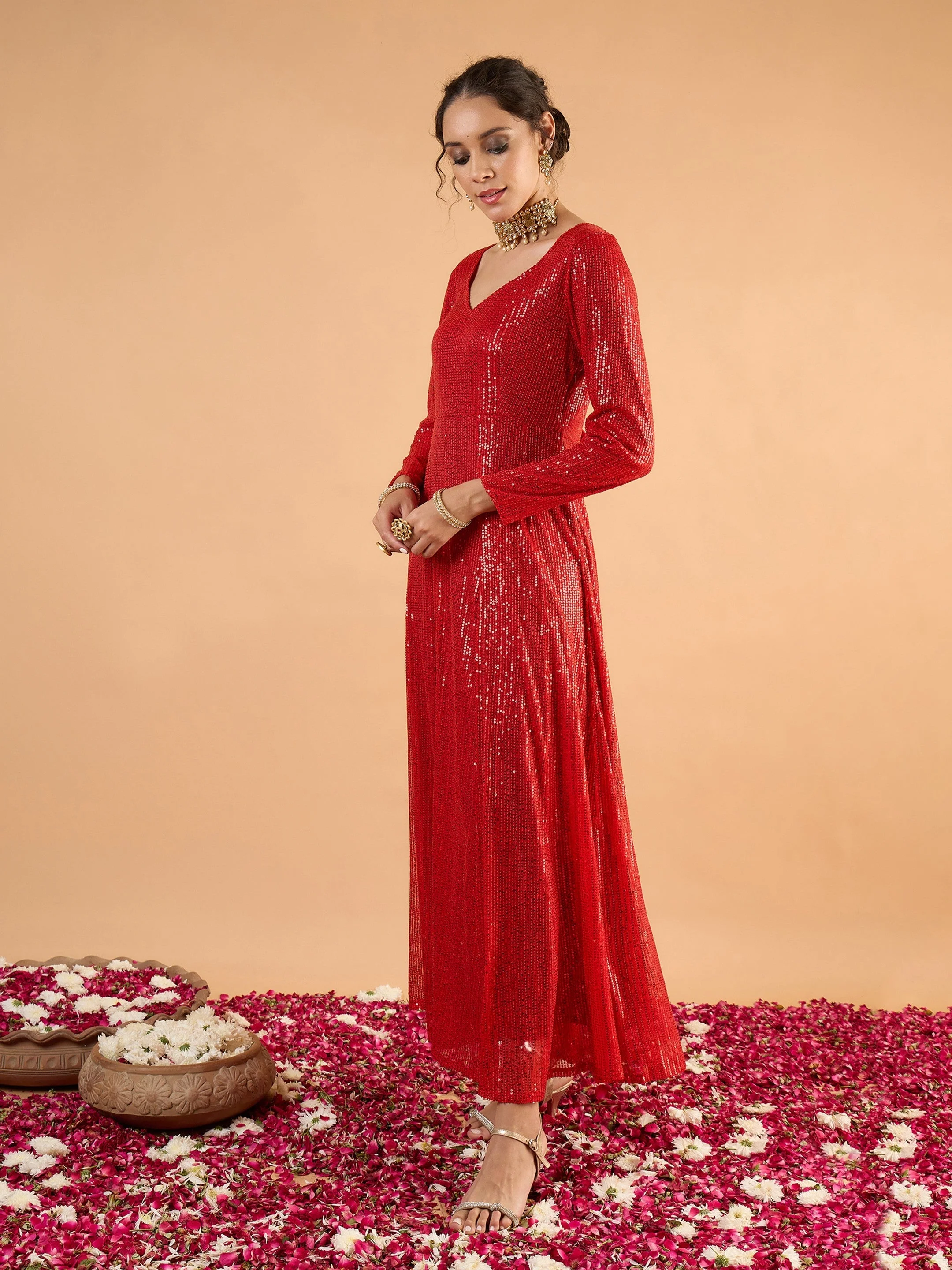 Women Red Sequence Anarkali Dress - Image 5