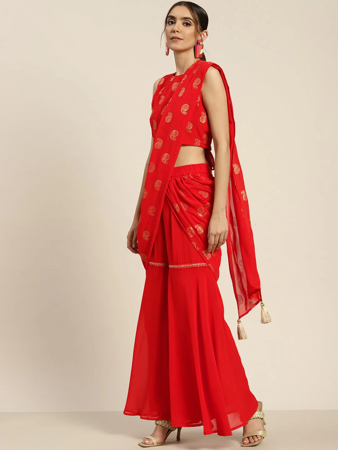 Women Red Sharara Pants With Attached Pallu - Image 2