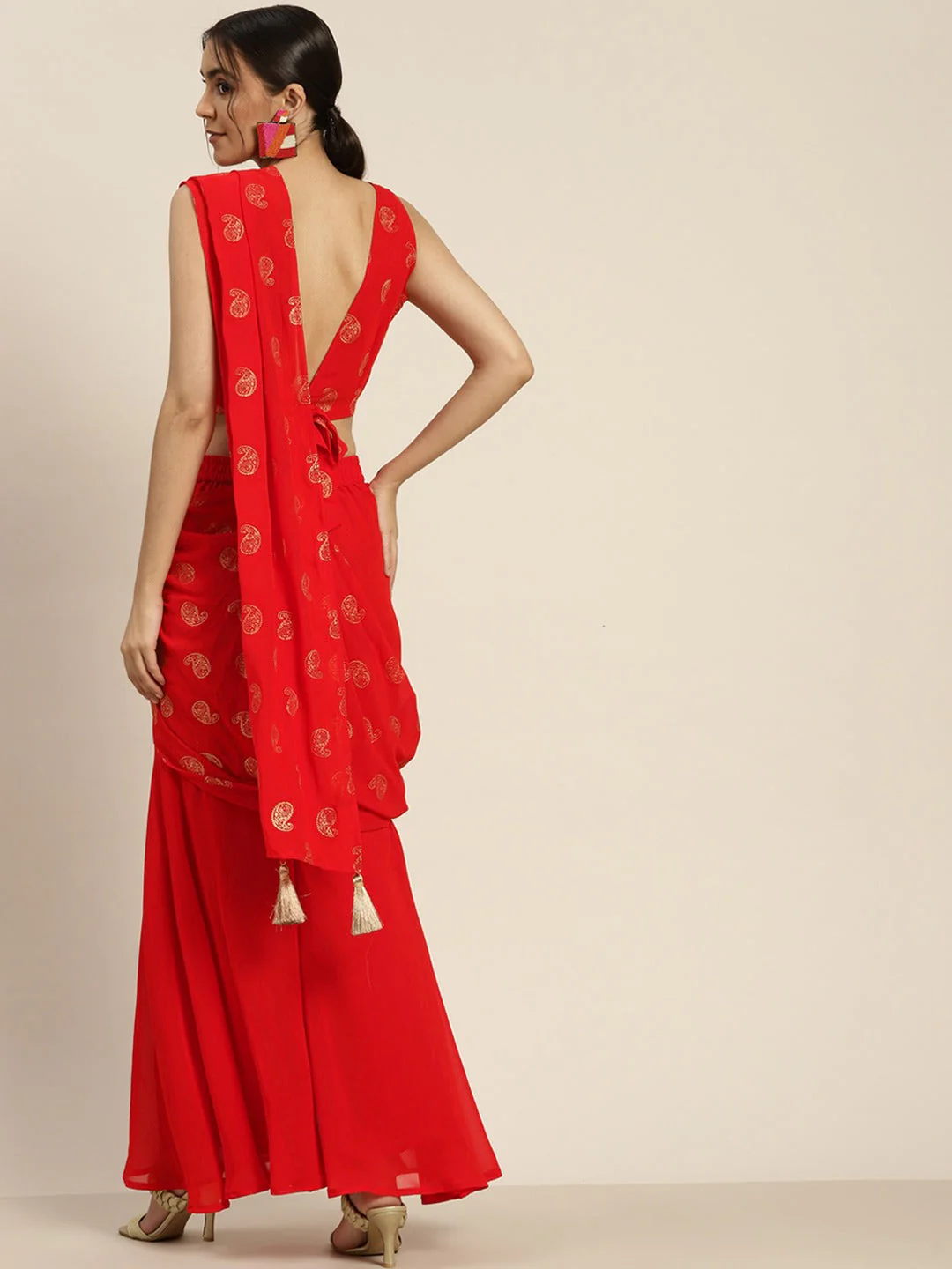 Women Red Sharara Pants With Attached Pallu - Image 3