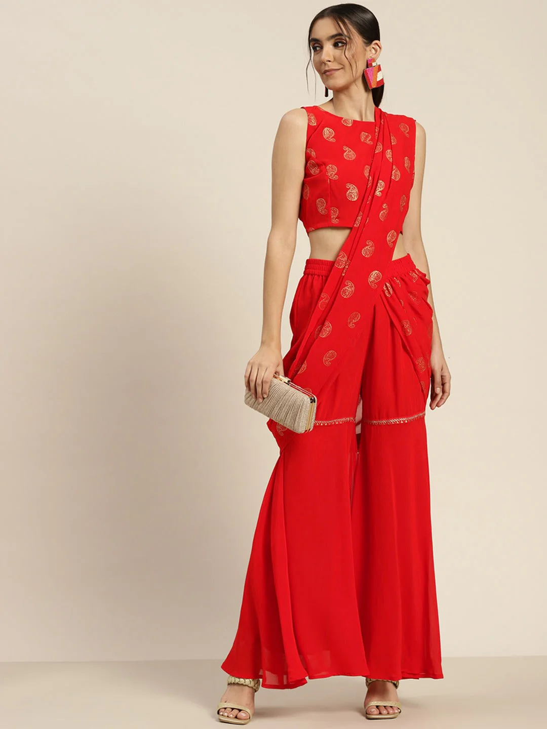 Women Red Sharara Pants With Attached Pallu - Image 4