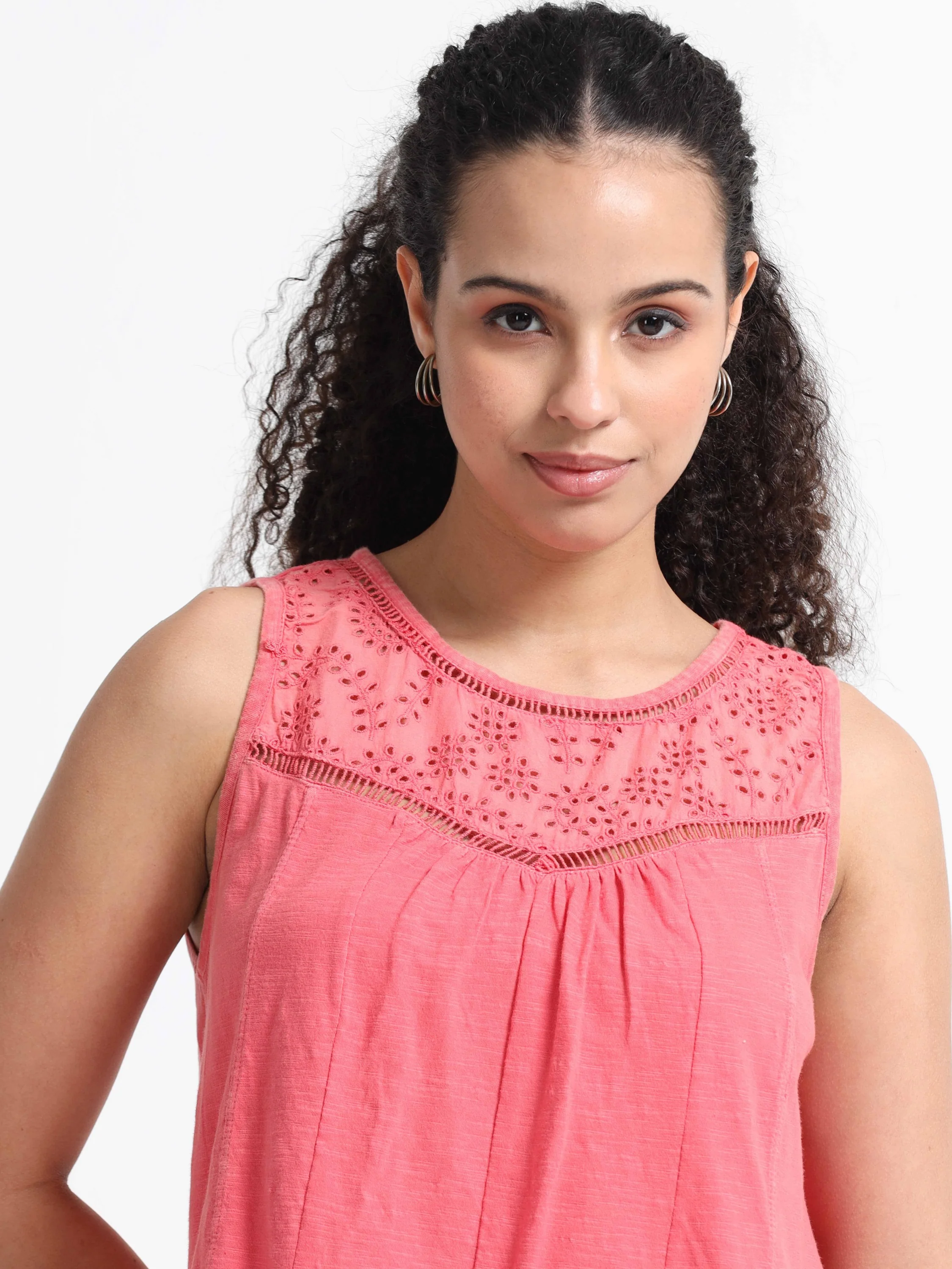 Women Red Shiffli Yoke Top - Image 5