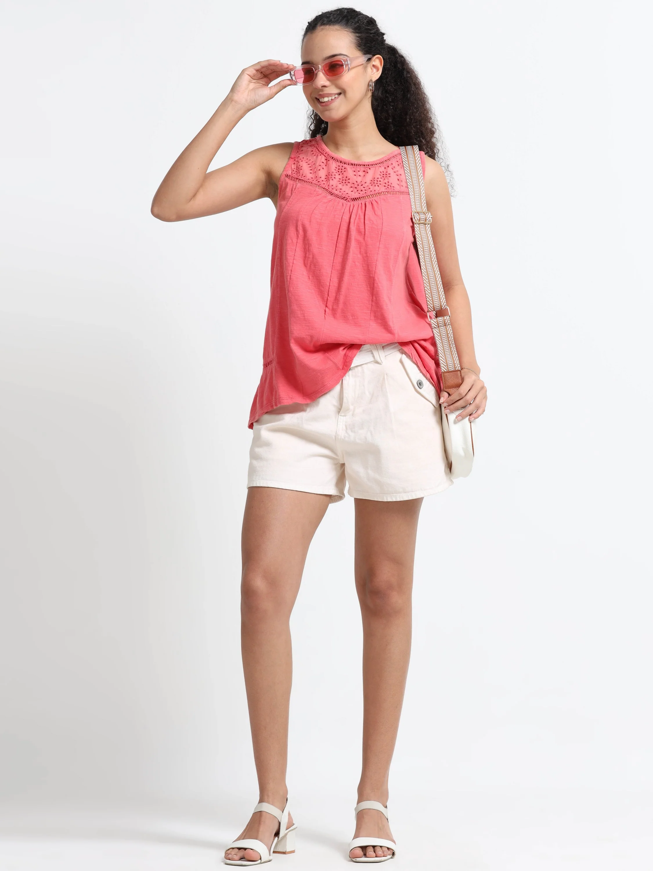 Women Red Shiffli Yoke Top - Image 6