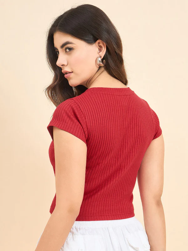 Women Red Short Sleeve Tank Top - Image 2