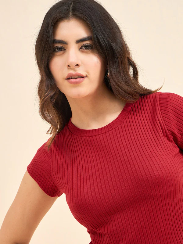 Women Red Short Sleeve Tank Top - Image 3