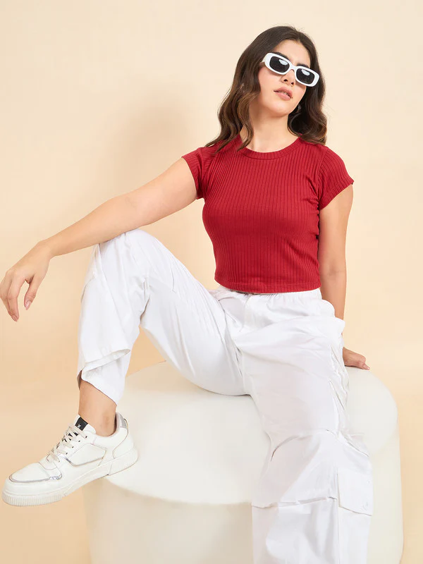 Women Red Short Sleeve Tank Top - Image 4