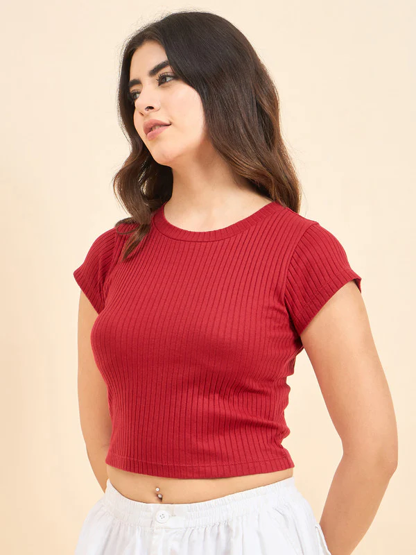 Women Red Short Sleeve Tank Top - Image 5