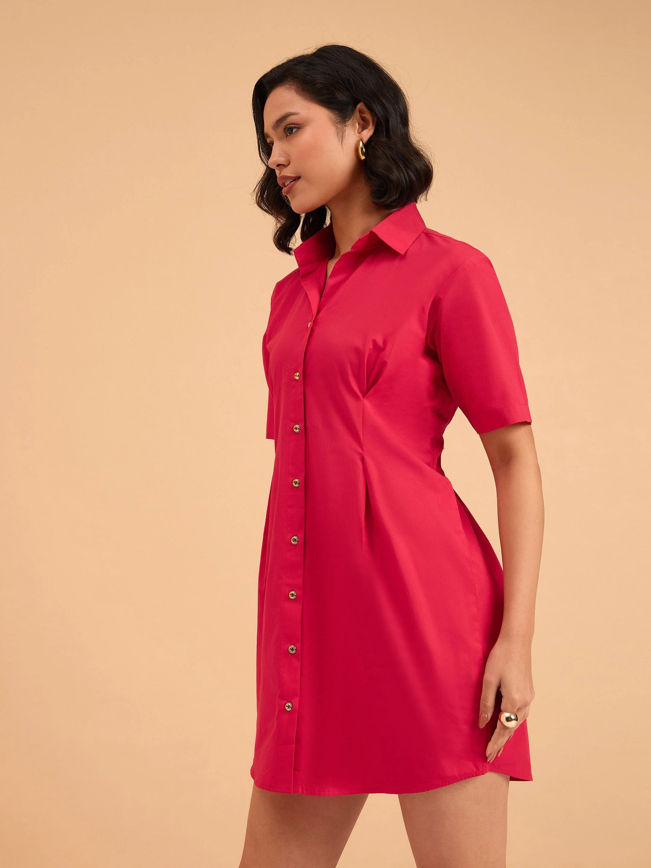 Women Red Smocked Pure Cotton Shirt Mini Dress - Image 3