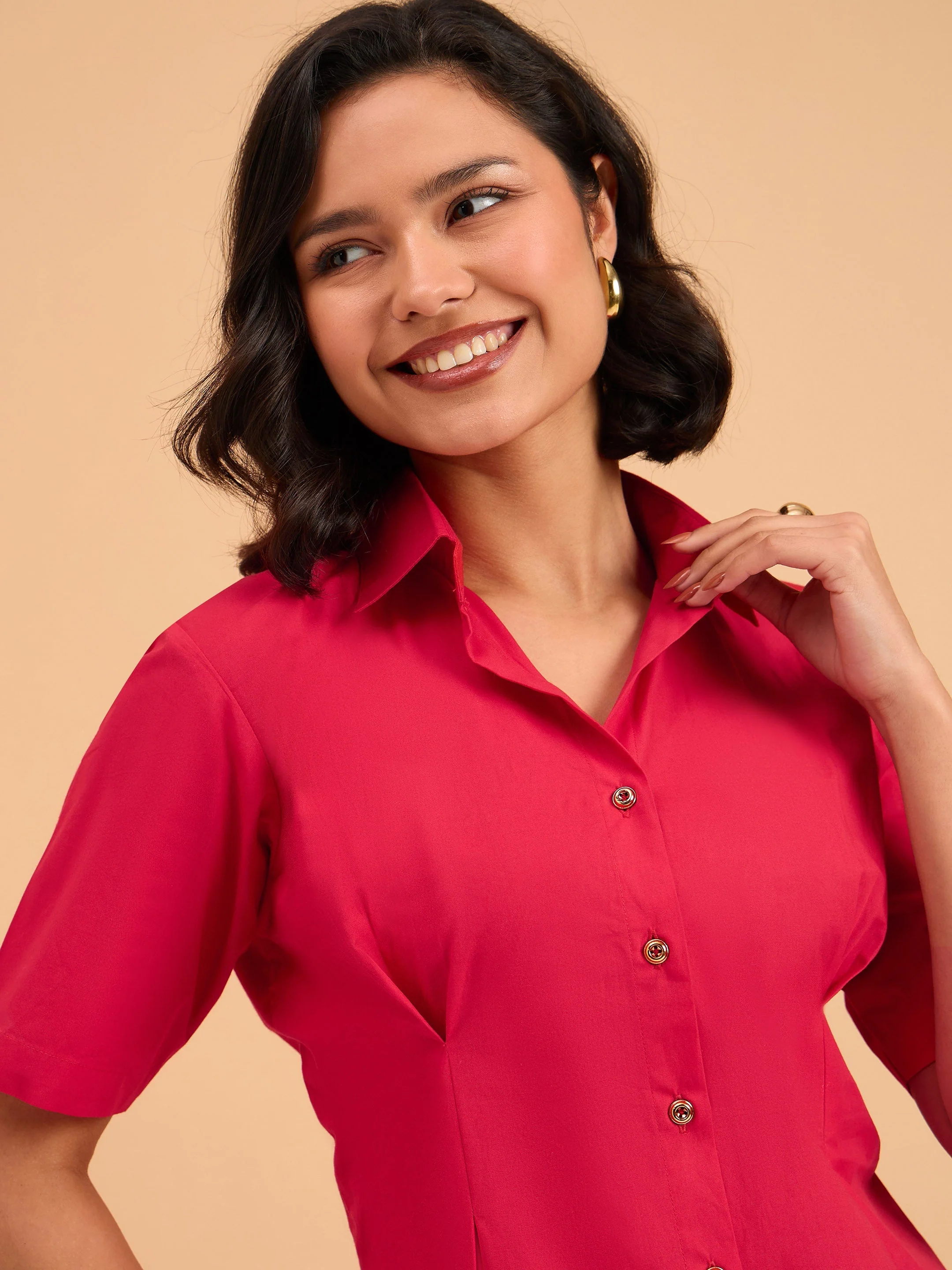 Women Red Smocked Pure Cotton Shirt Mini Dress - Image 4