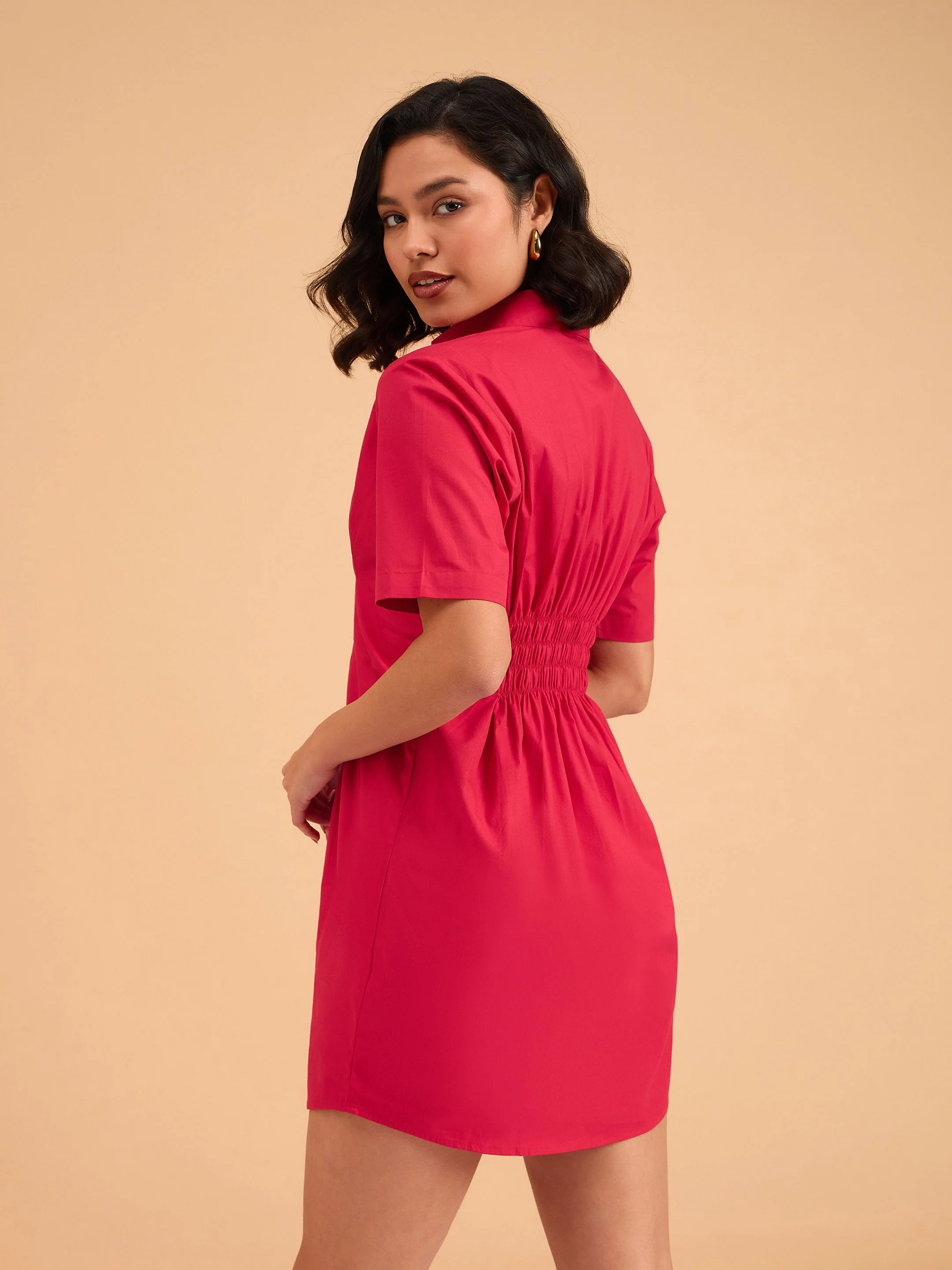 Women Red Smocked Pure Cotton Shirt Mini Dress - Image 5