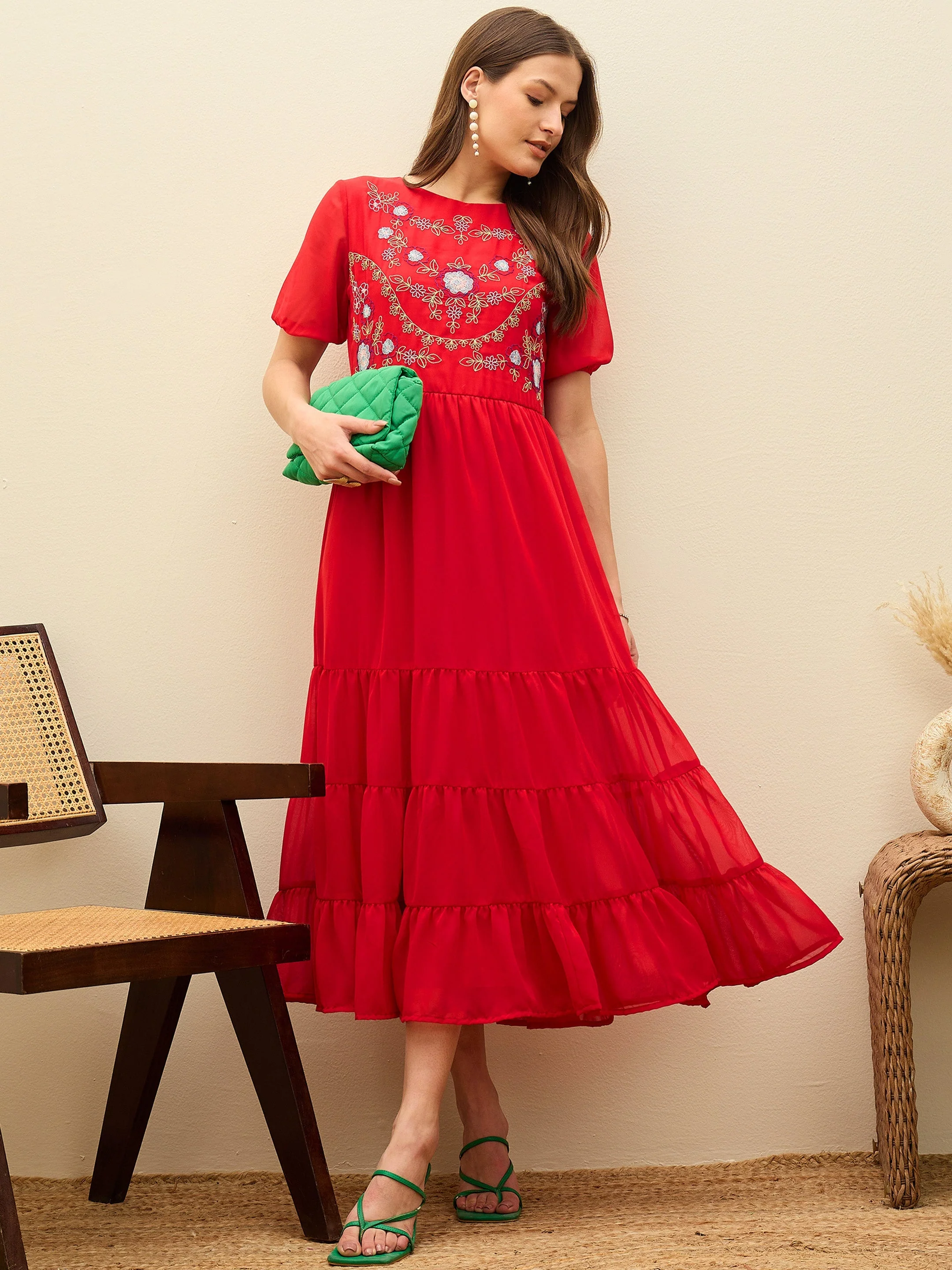 Women Red Solid Tiered Maxi Dress - Image 2