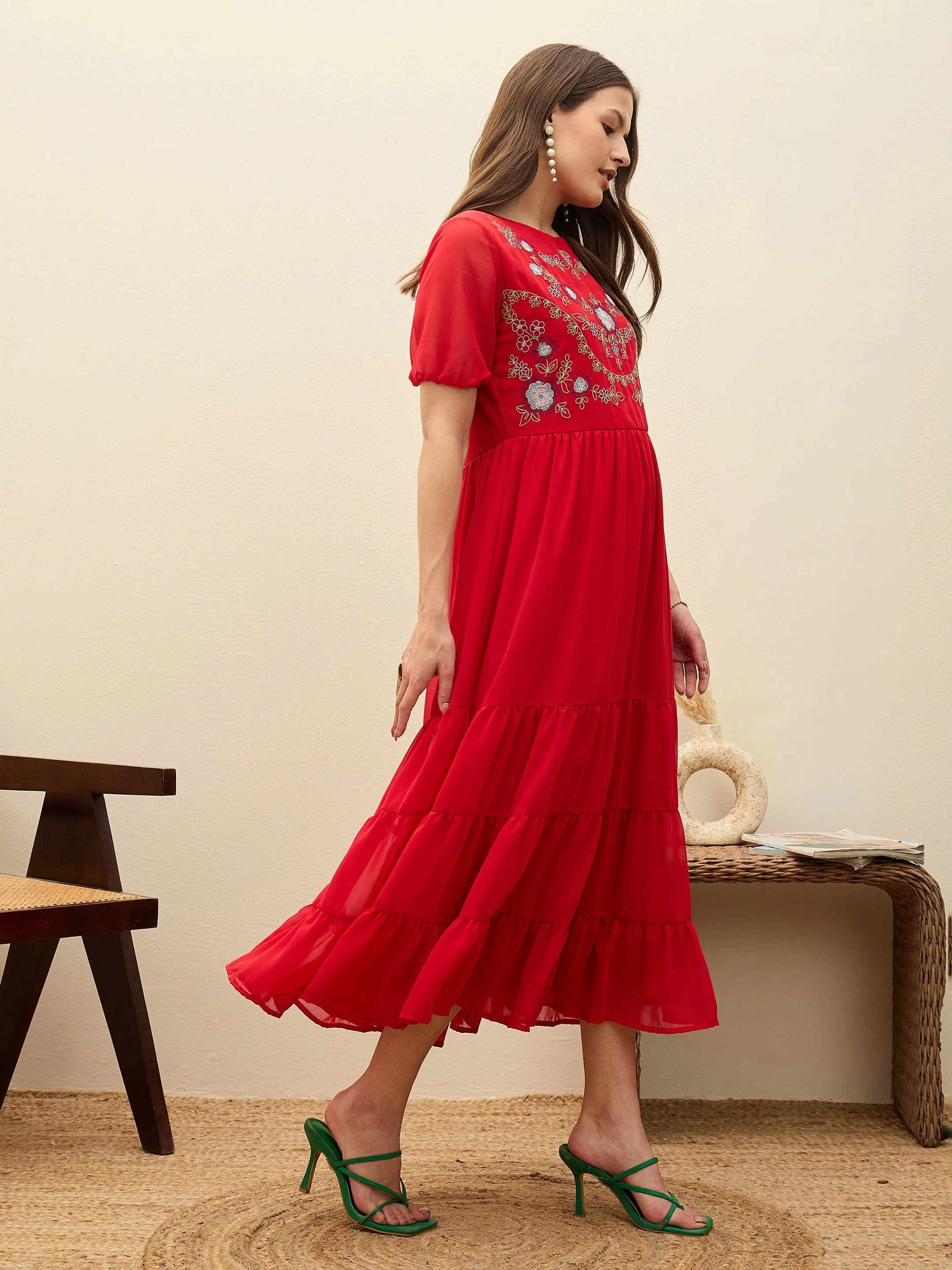 Women Red Solid Tiered Maxi Dress - Image 3
