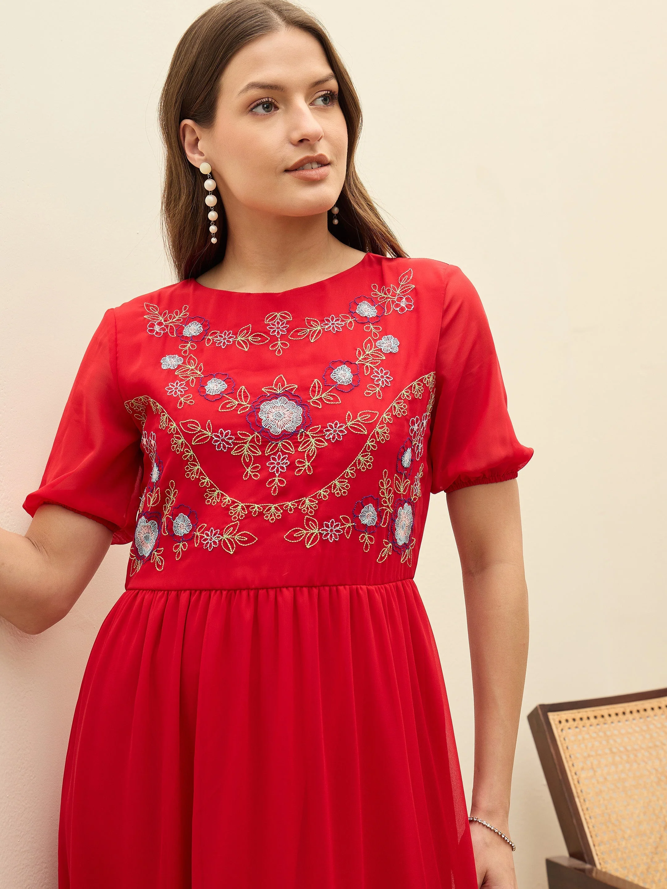 Women Red Solid Tiered Maxi Dress - Image 4