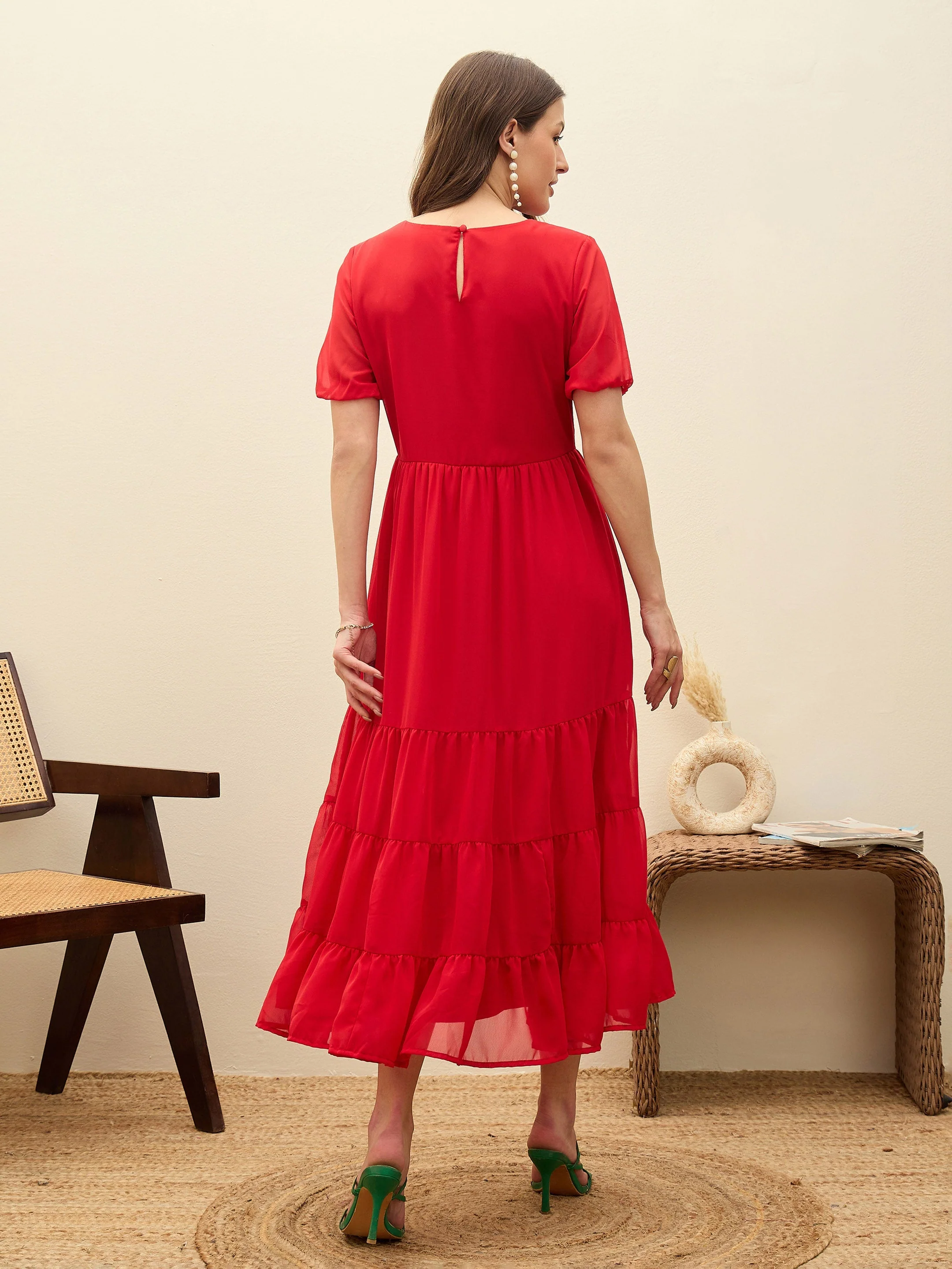 Women Red Solid Tiered Maxi Dress - Image 5