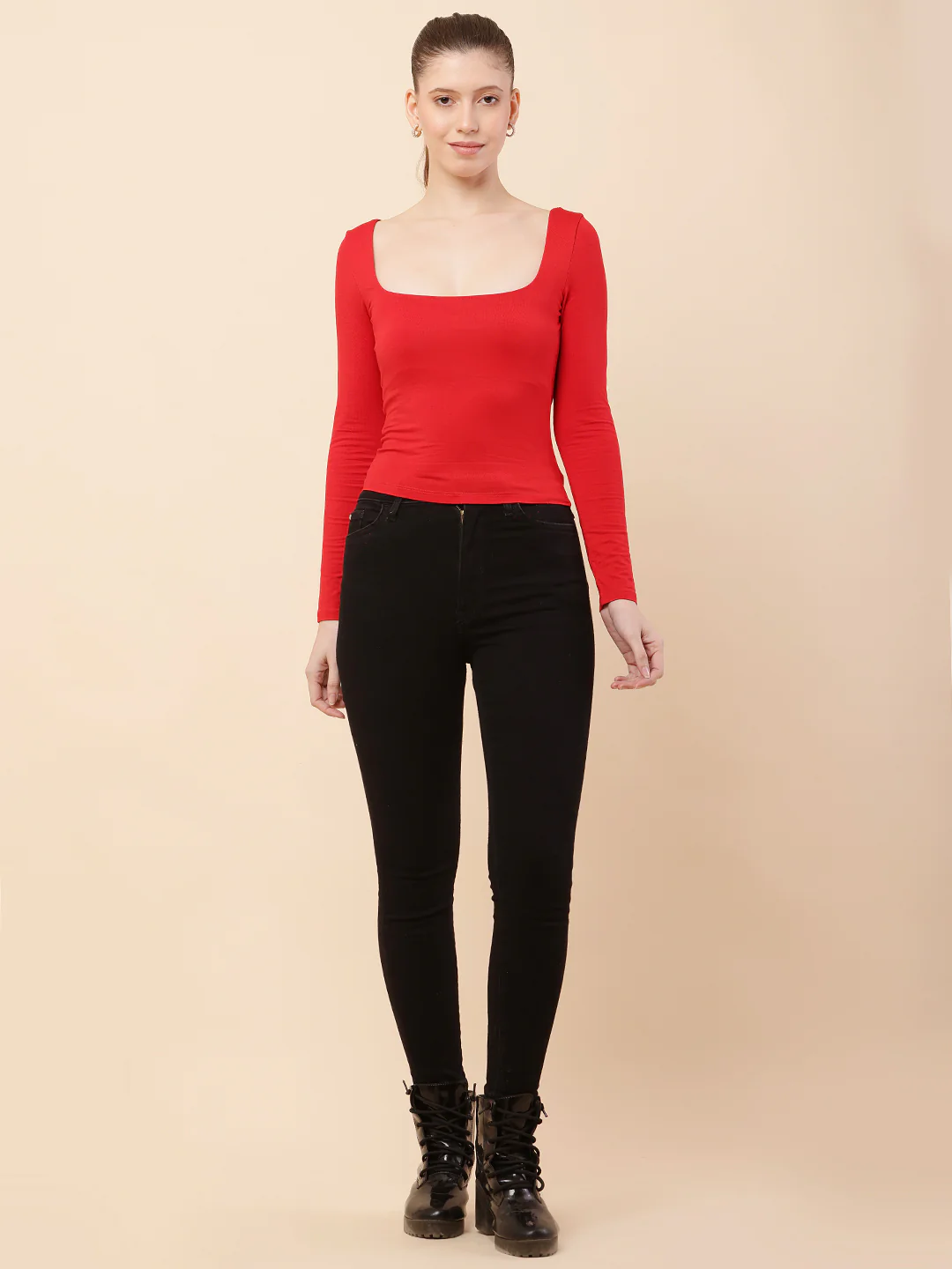 Women Red Square Neck Regular Top - Image 3