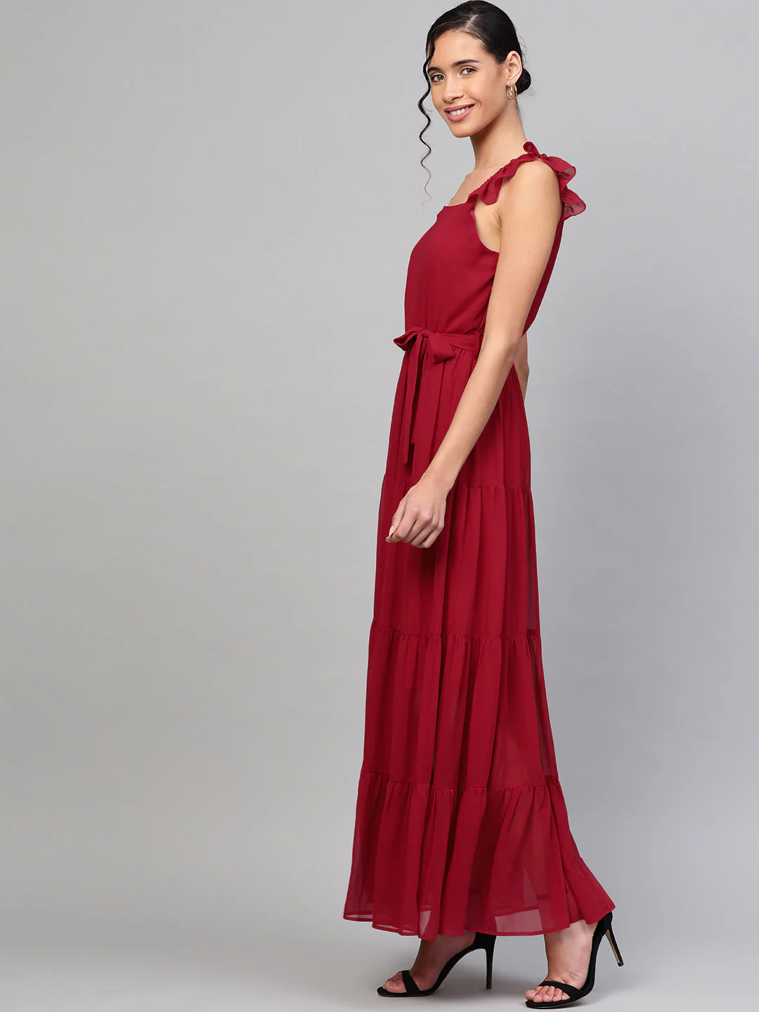 Women Red Strappy Frill Tiered Maxi - Image 2